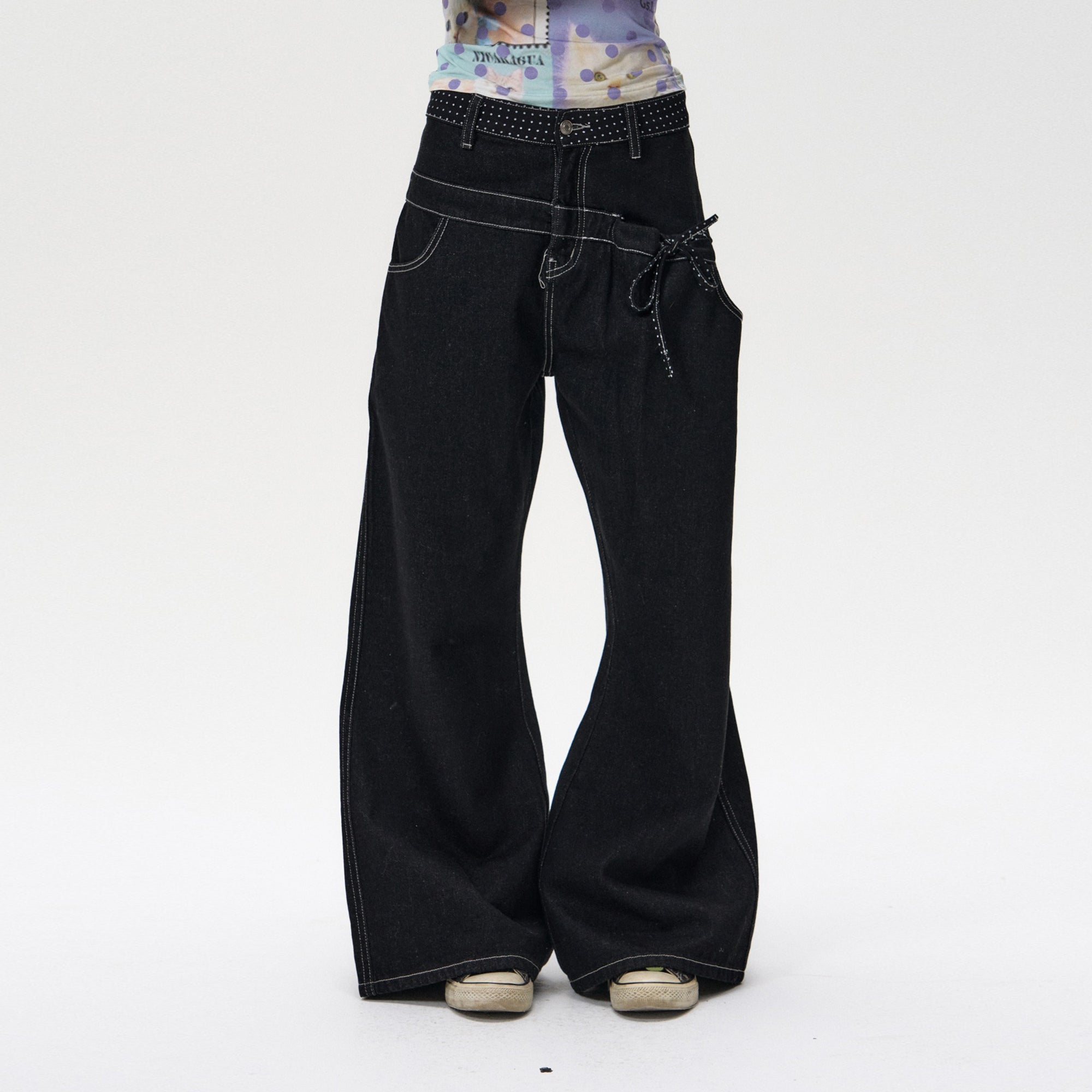 10AMSOTIIIIIIRED Modern Polka-Dot Waist Wide-Leg Jeans