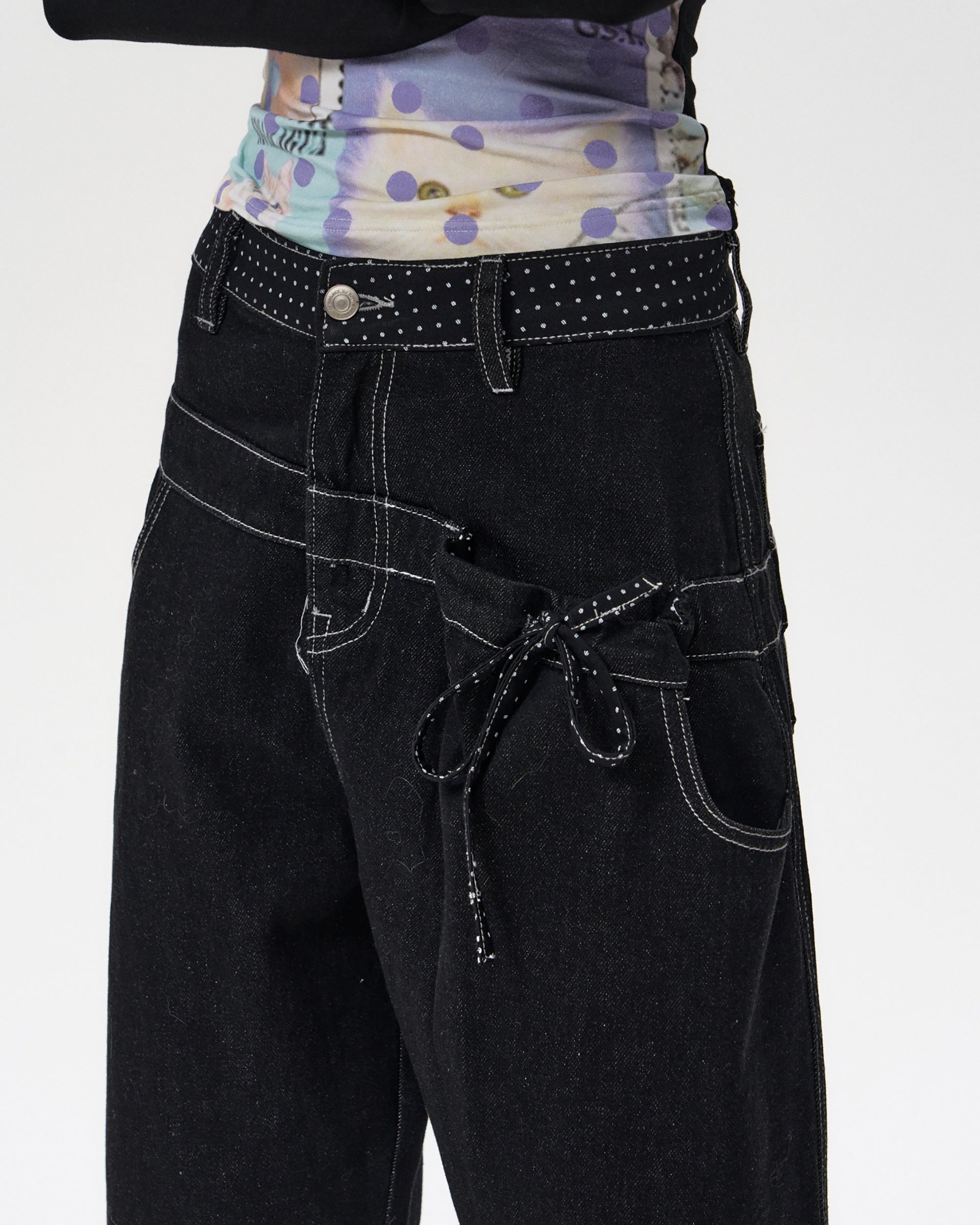 10AMSOTIIIIIIRED Modern Polka-Dot Waist Wide-Leg Jeans