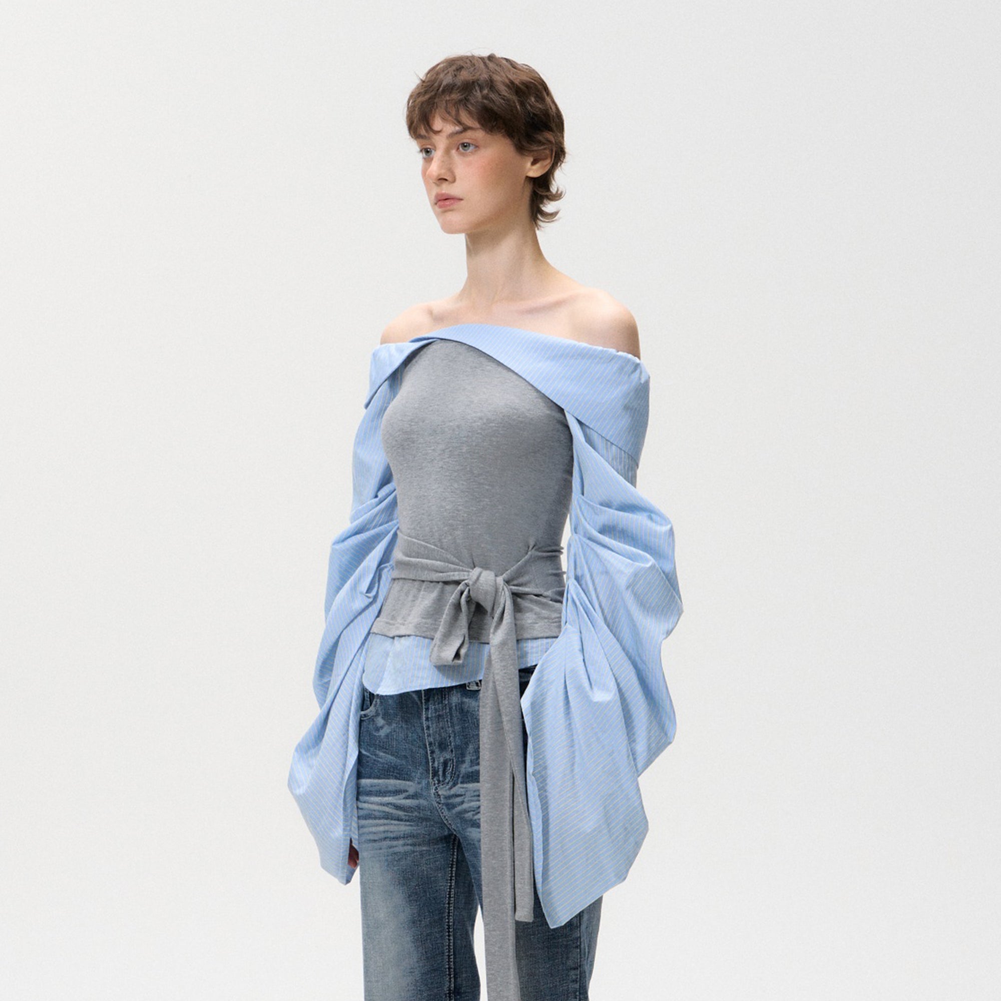 10AMSOTIIIIIIRED Spliced Off-Shoulder Drape Shirt Top
