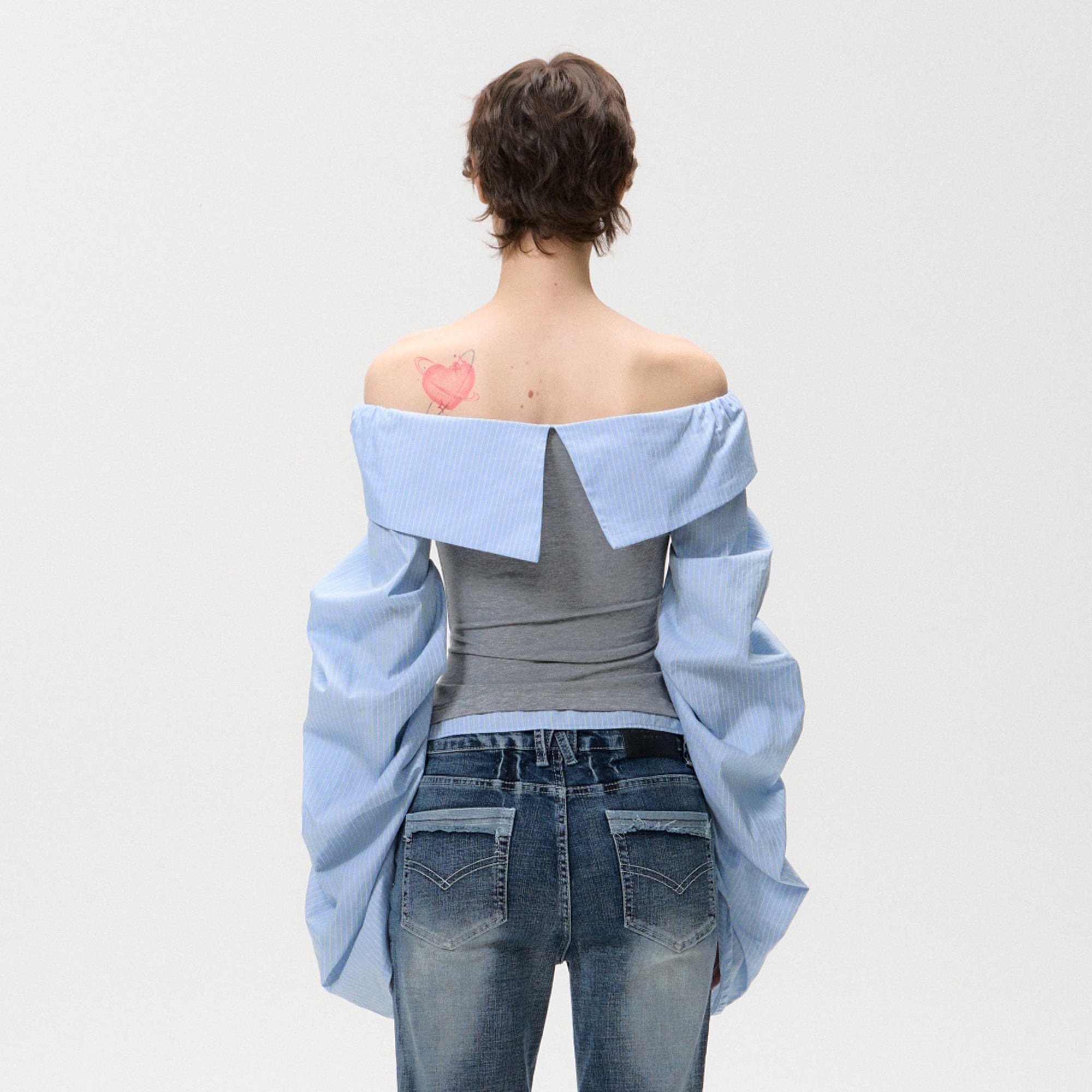 10AMSOTIIIIIIRED Spliced Off-Shoulder Drape Shirt Top