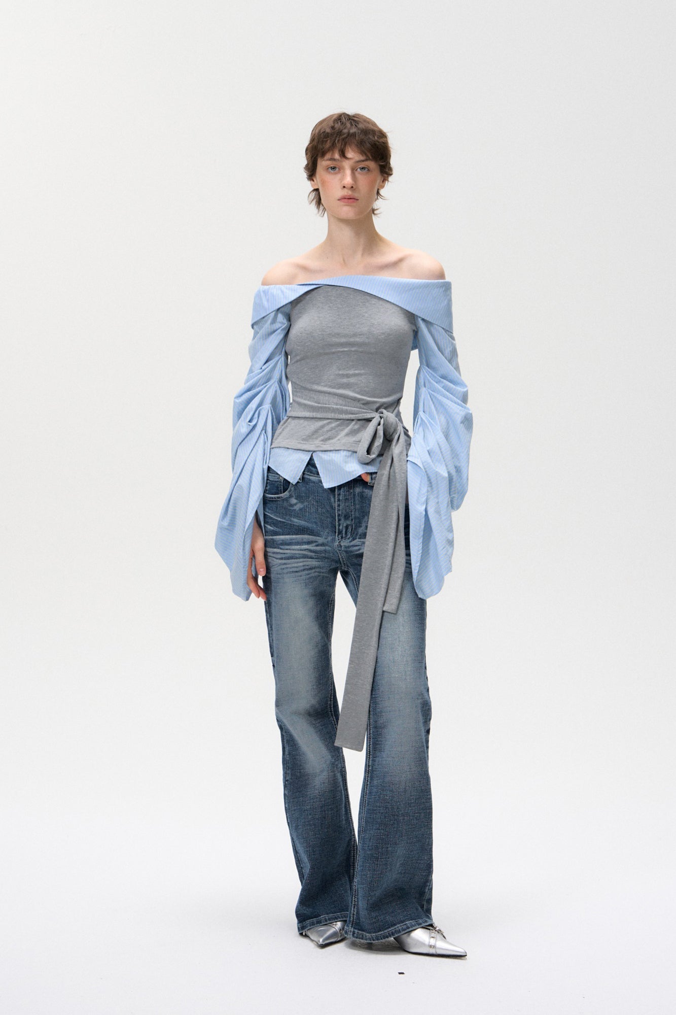 10AMSOTIIIIIIRED Spliced Off-Shoulder Drape Shirt Top