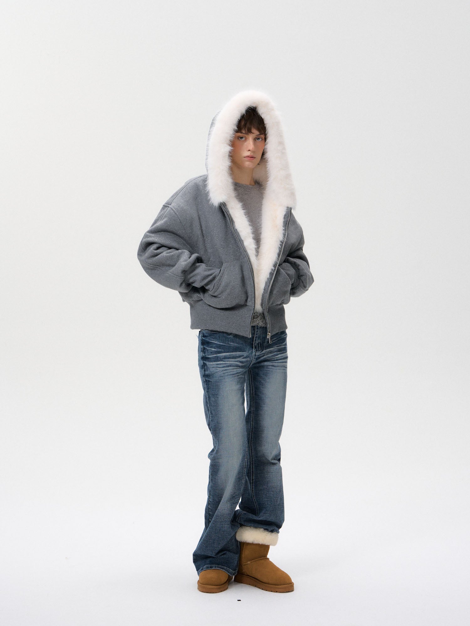 10AMSOTIIIIIIRED Subtle Sparkle Faux Fur-Lined Hooded Jacket