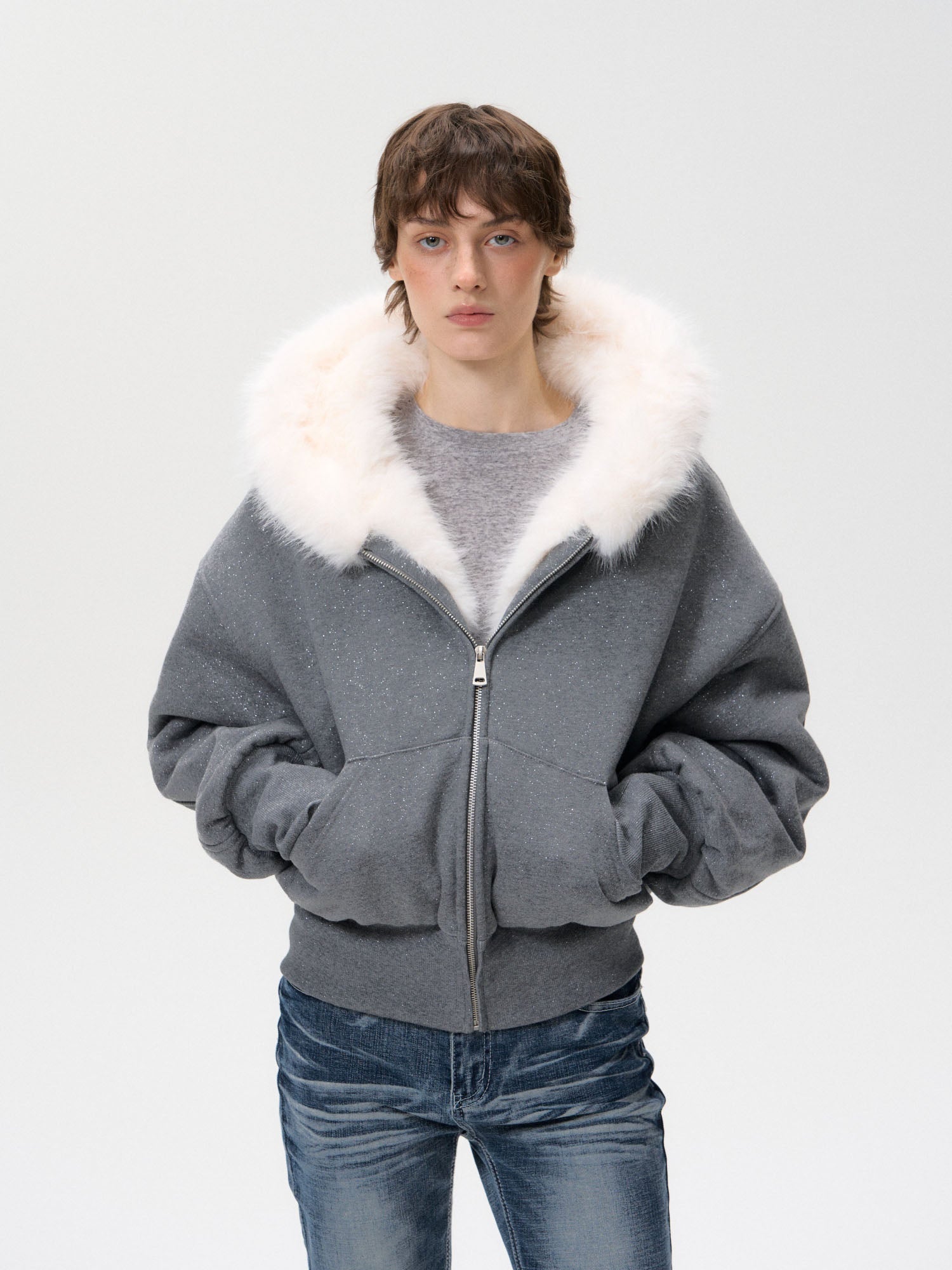 10AMSOTIIIIIIRED Subtle Sparkle Faux Fur-Lined Hooded Jacket