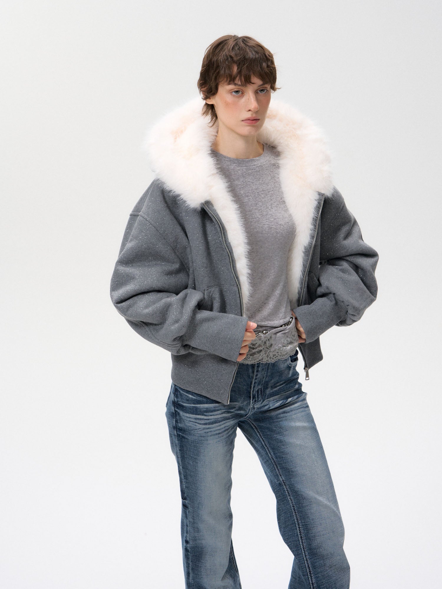 10AMSOTIIIIIIRED Subtle Sparkle Faux Fur-Lined Hooded Jacket