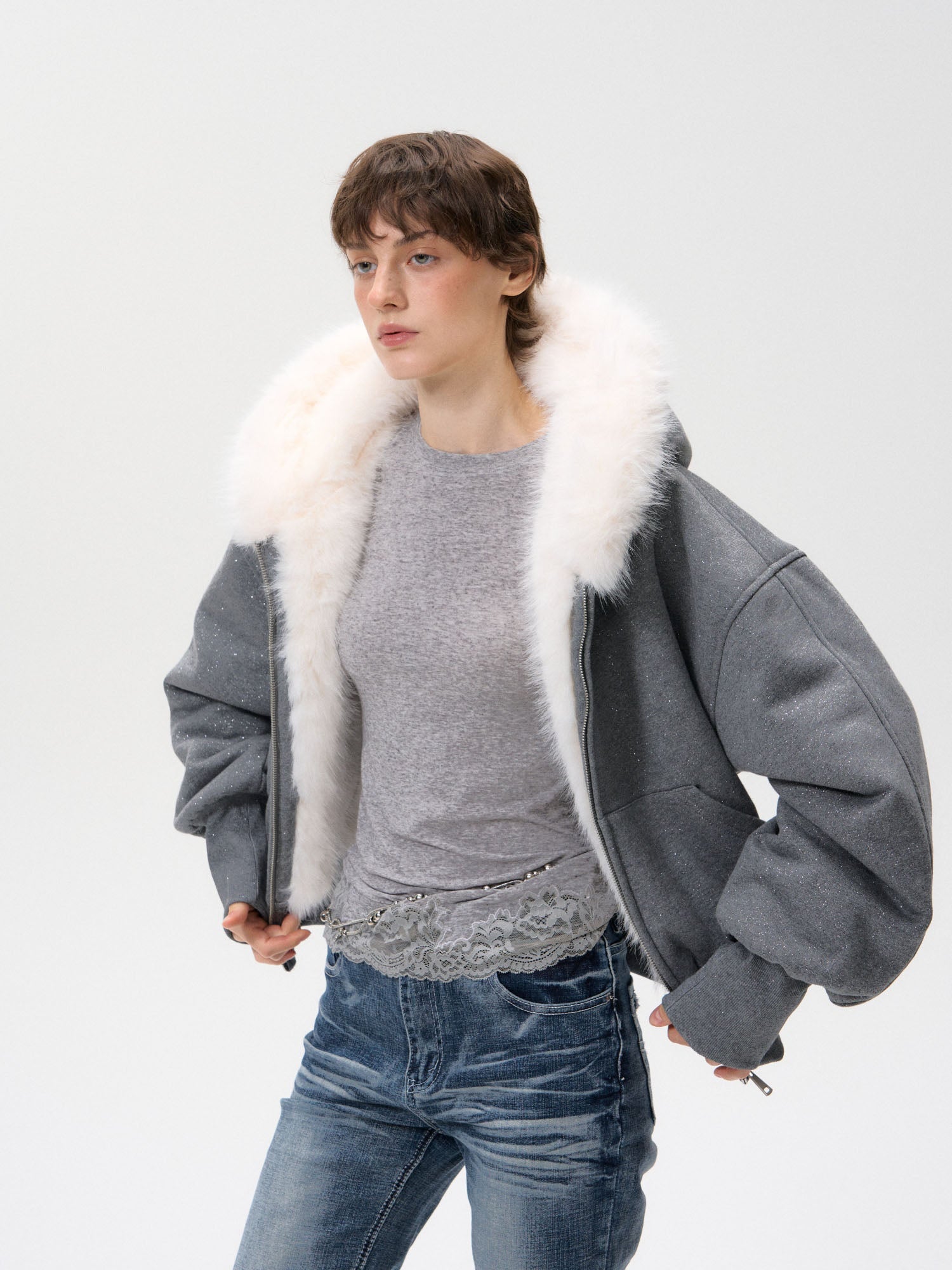 10AMSOTIIIIIIRED Subtle Sparkle Faux Fur-Lined Hooded Jacket
