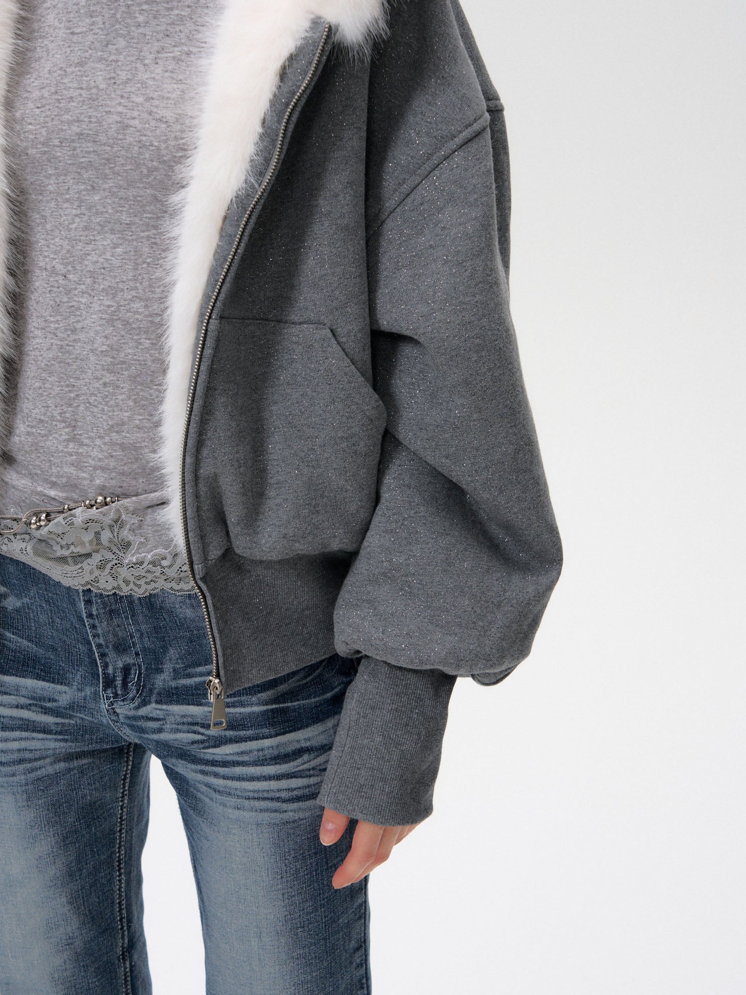 10AMSOTIIIIIIRED Subtle Sparkle Faux Fur-Lined Hooded Jacket