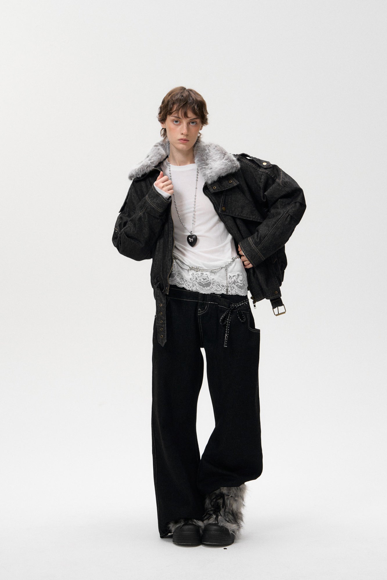 10AMSOTIIIIIIRED Detachable Faux-Fur Collar Denim Aviator Jacket