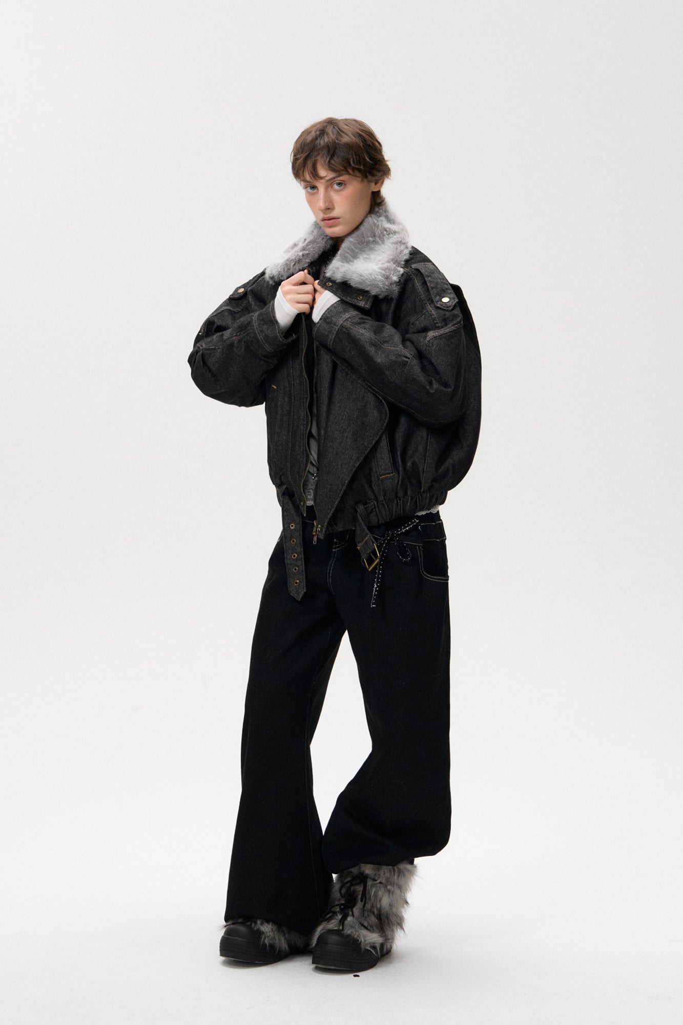 10AMSOTIIIIIIRED Detachable Faux-Fur Collar Denim Aviator Jacket