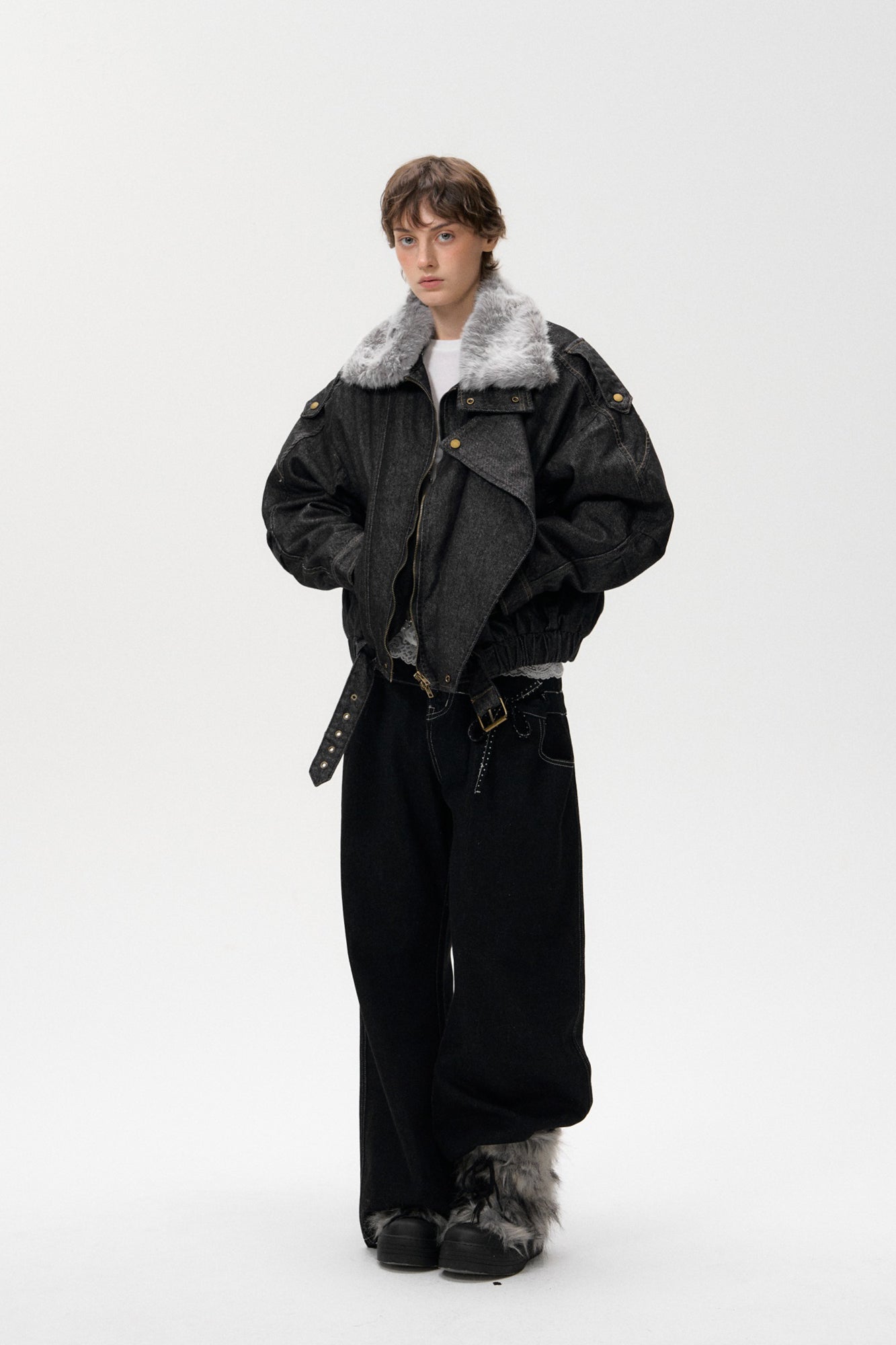 10AMSOTIIIIIIRED Detachable Faux-Fur Collar Denim Aviator Jacket