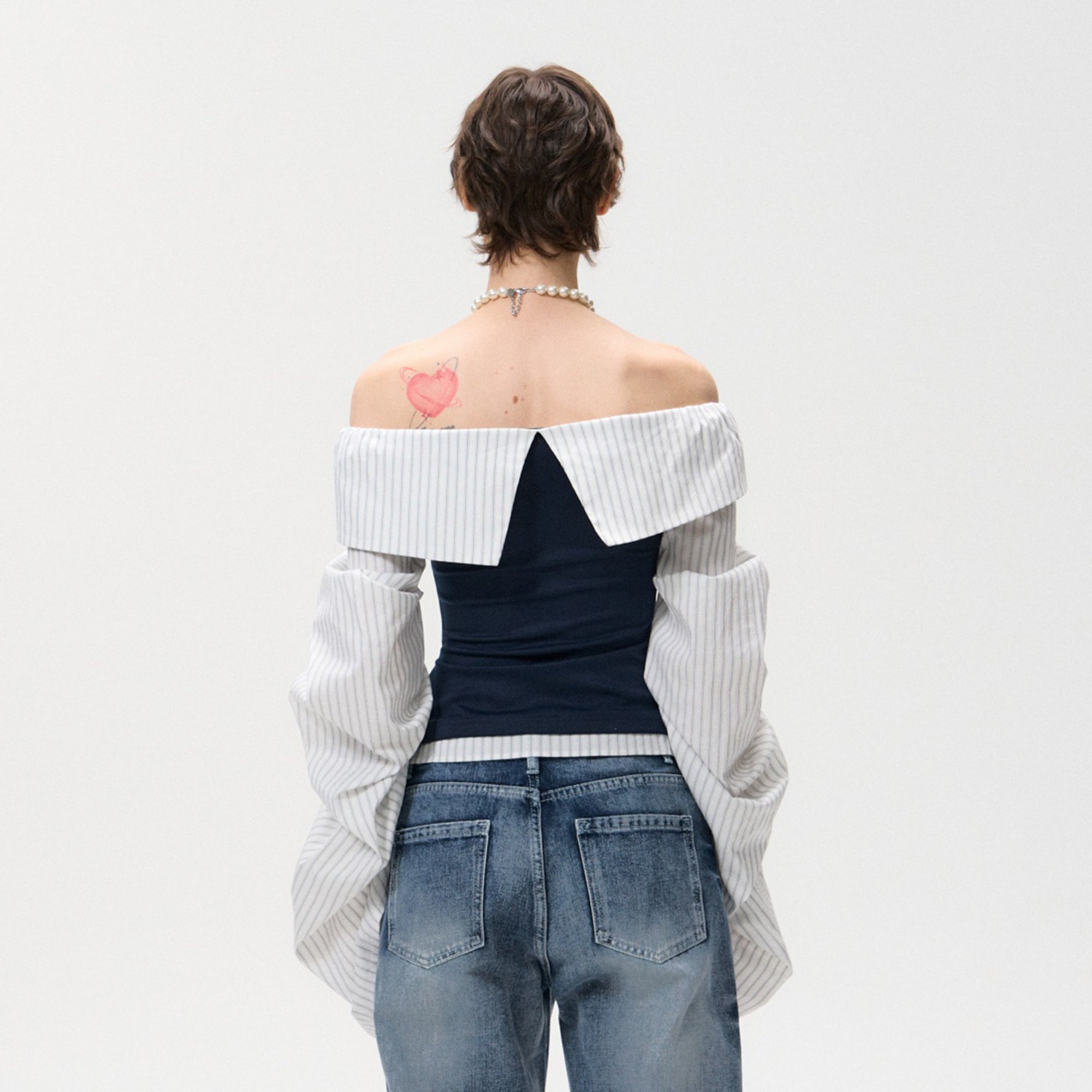 10AMSOTIIIIIIRED Spliced Off-Shoulder Drape Shirt Top