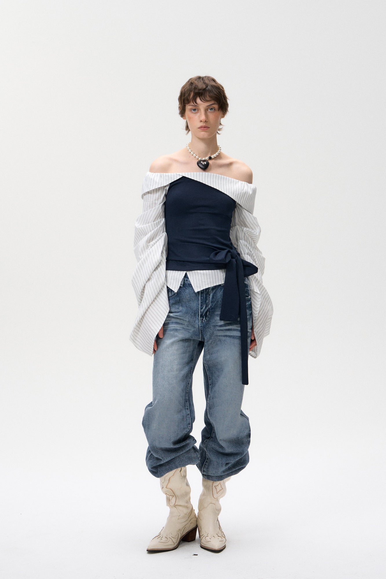 10AMSOTIIIIIIRED Spliced Off-Shoulder Drape Shirt Top