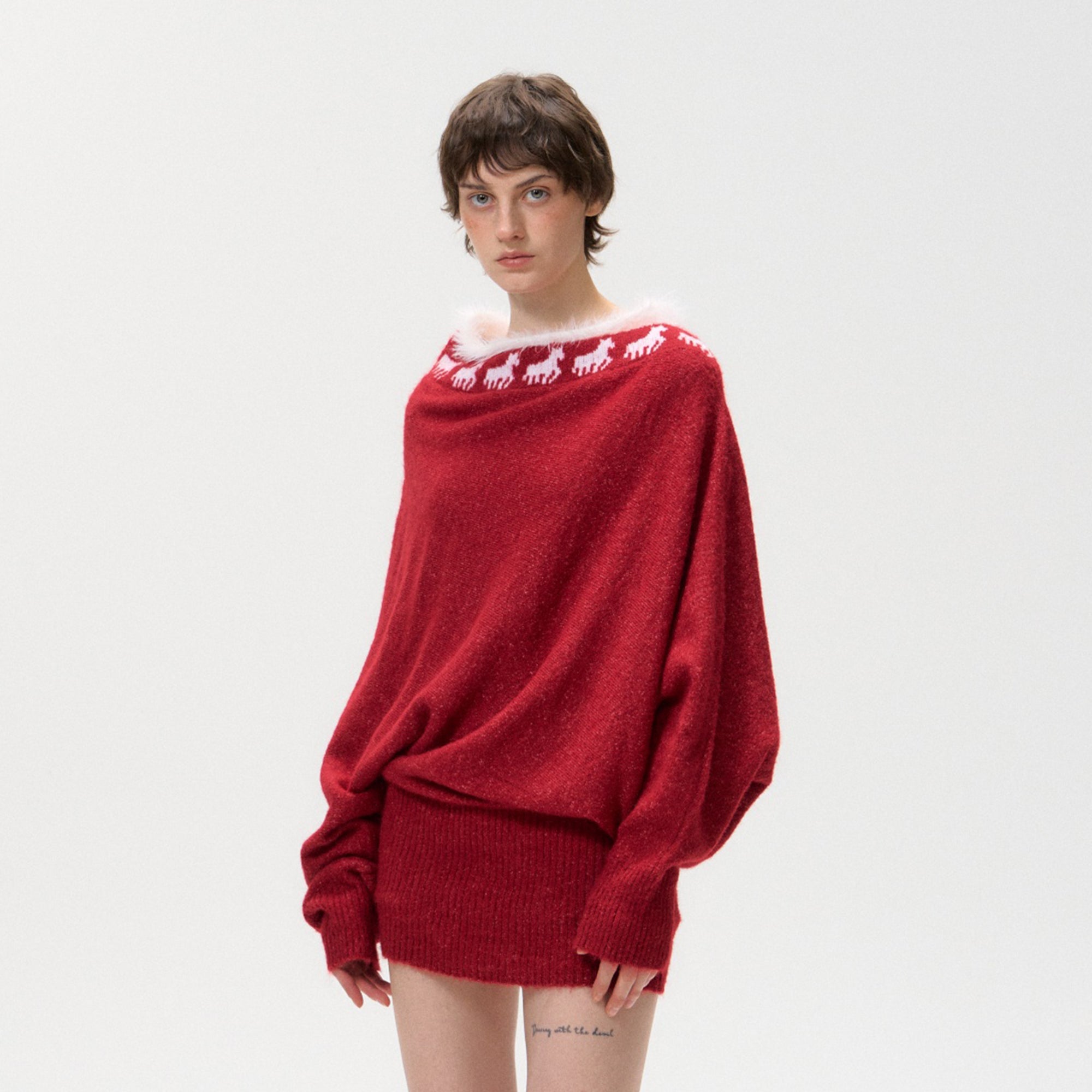 10AMSOTIIIIIIRED Fuzzy Fair Isle Ribbed Hem Sweater