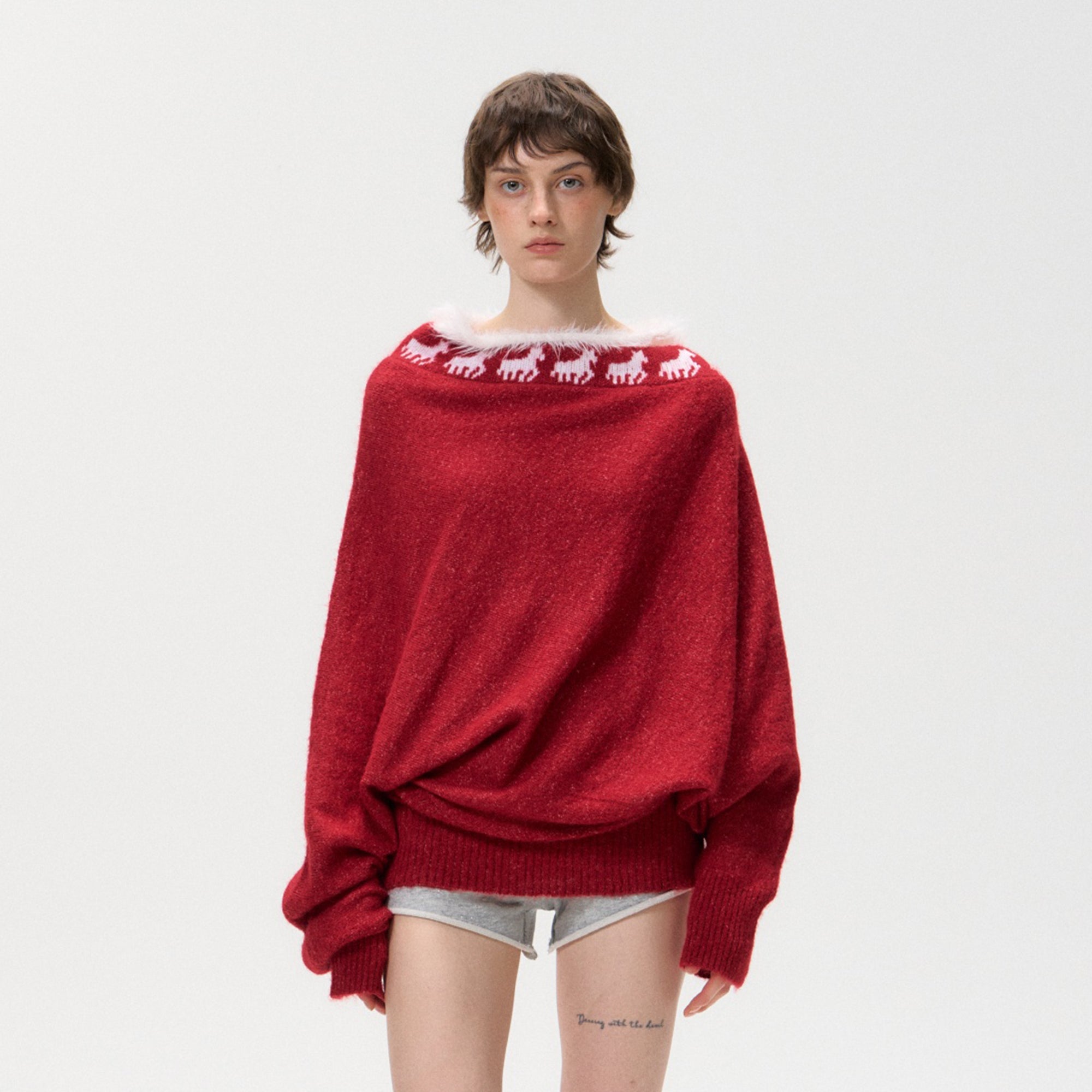 10AMSOTIIIIIIRED Fuzzy Fair Isle Ribbed Hem Sweater