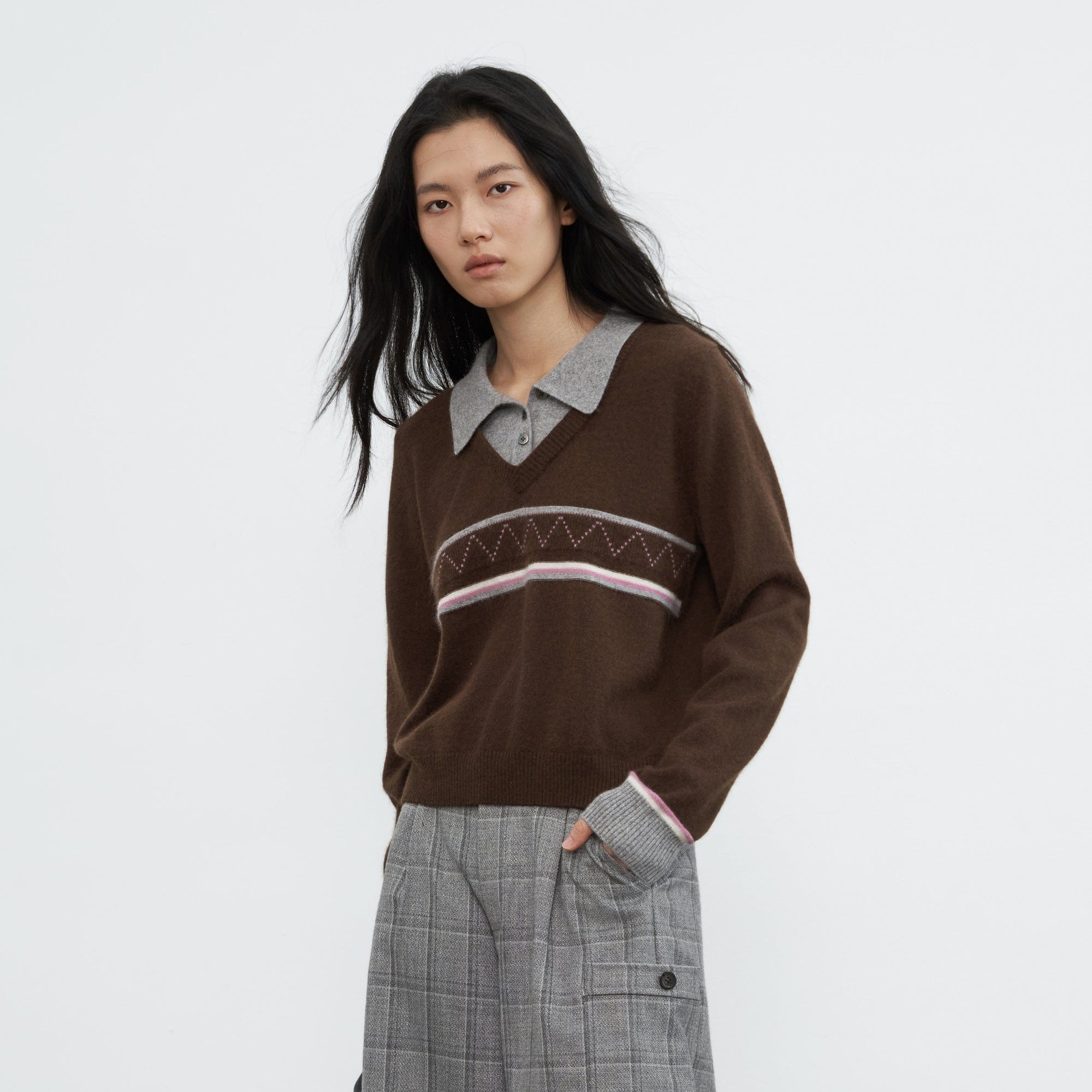 SAME FLOW Faux-Layered Knit Polo Sweater