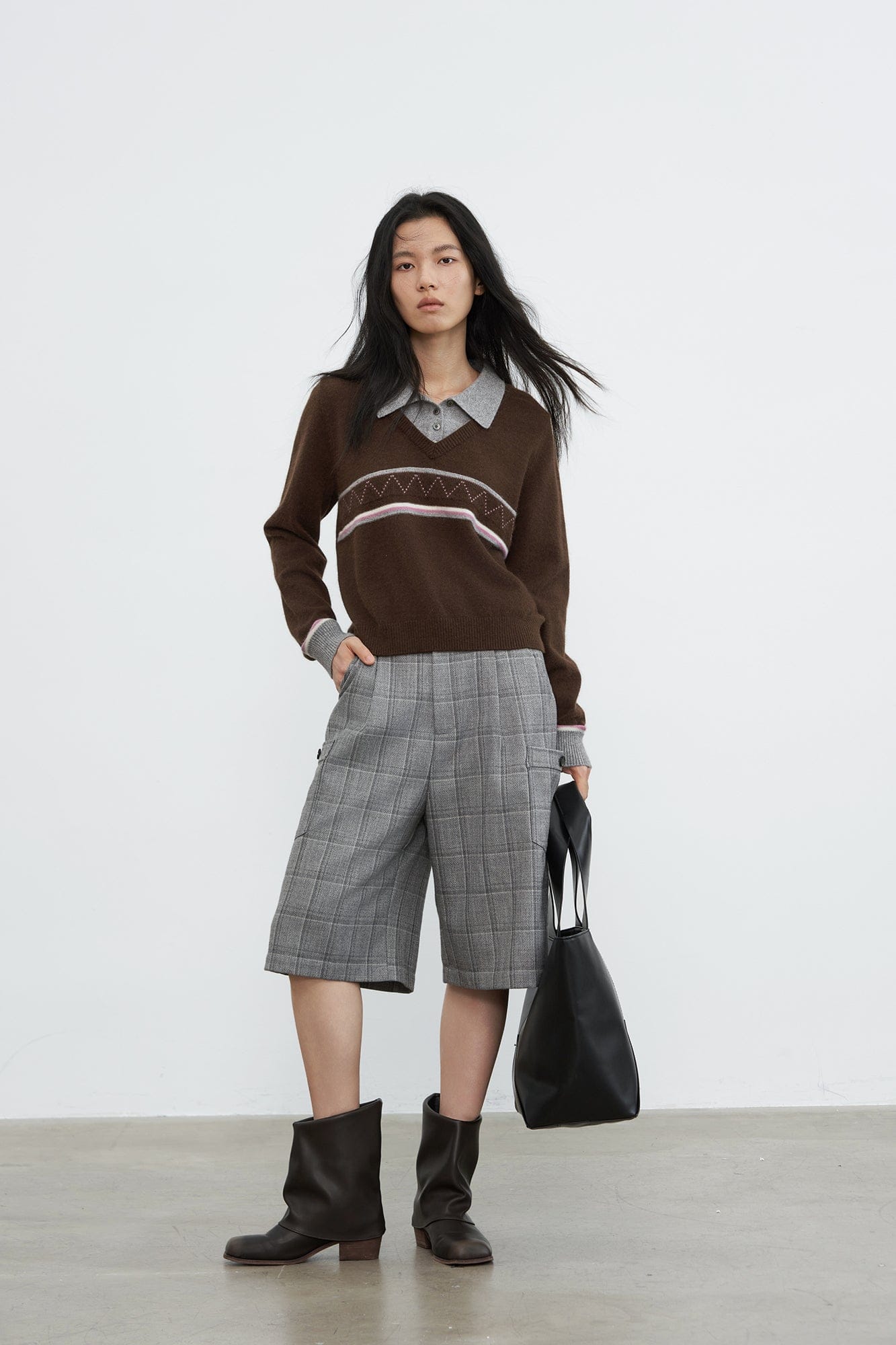 SAME FLOW Faux-Layered Knit Polo Sweater