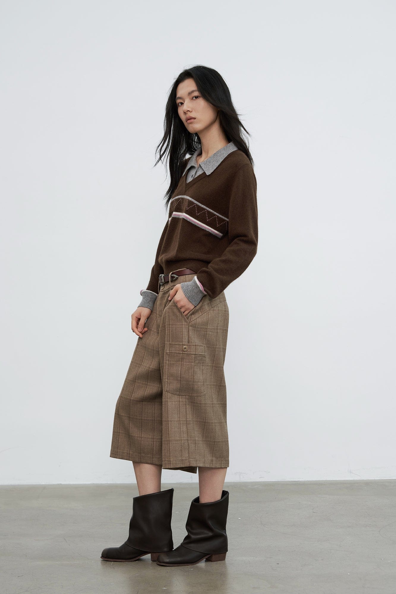 SAME FLOW Faux-Layered Knit Polo Sweater