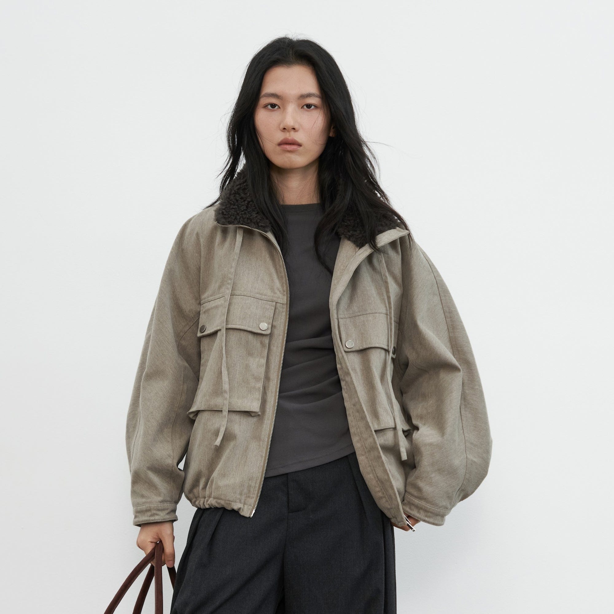 SAME FLOW Utility Contrast Faux Fur Collar Jacket