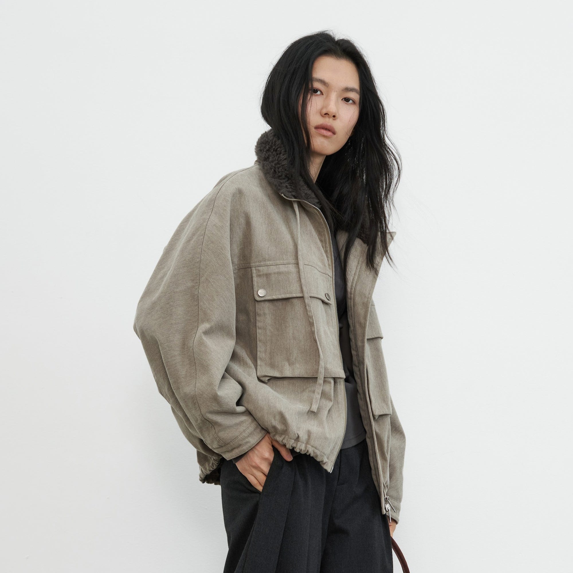 SAME FLOW Utility Contrast Faux Fur Collar Jacket