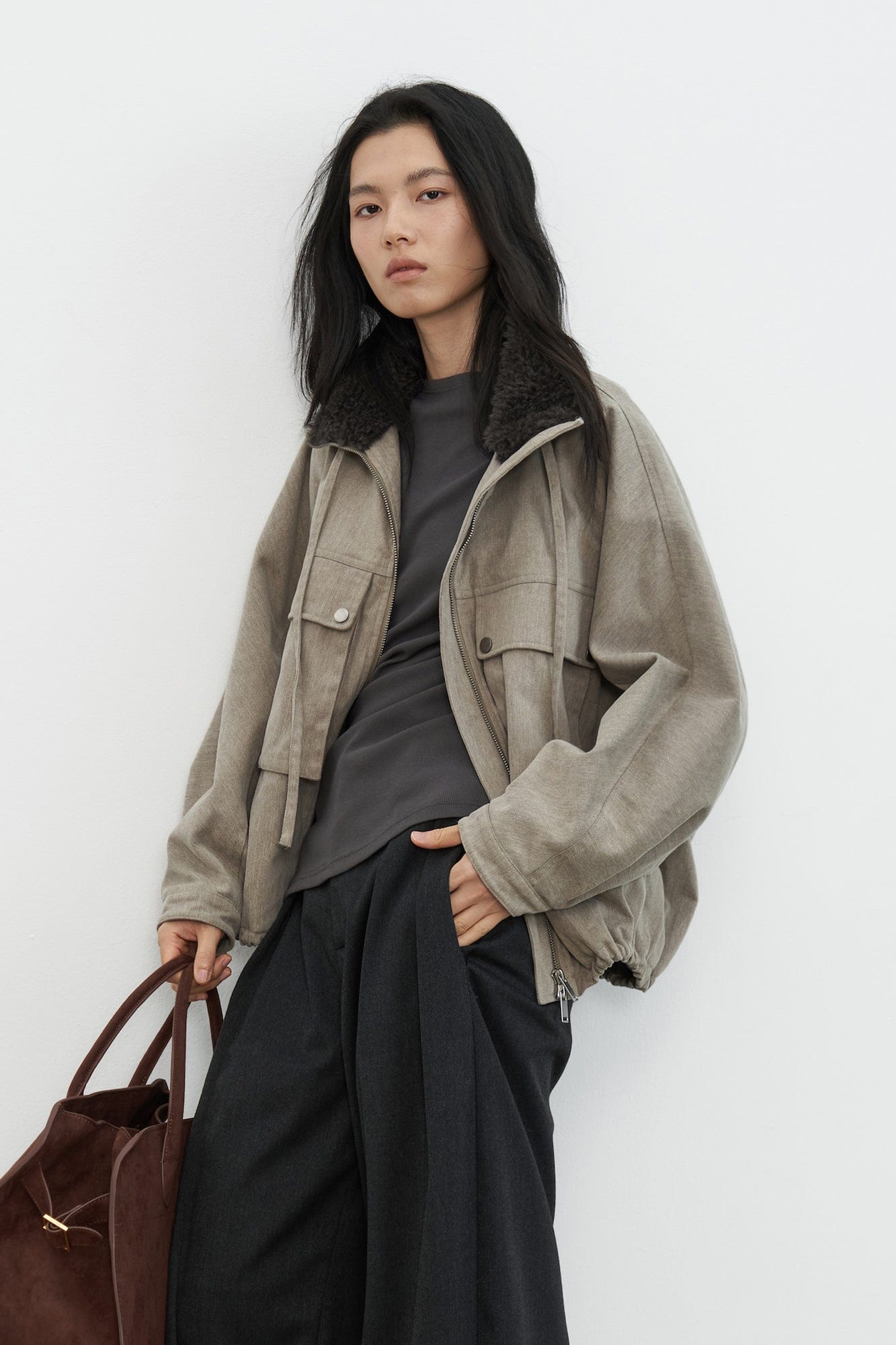 SAME FLOW Utility Contrast Faux Fur Collar Jacket