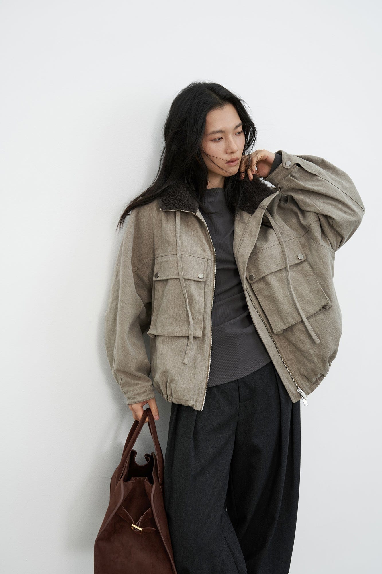 SAME FLOW Utility Contrast Faux Fur Collar Jacket