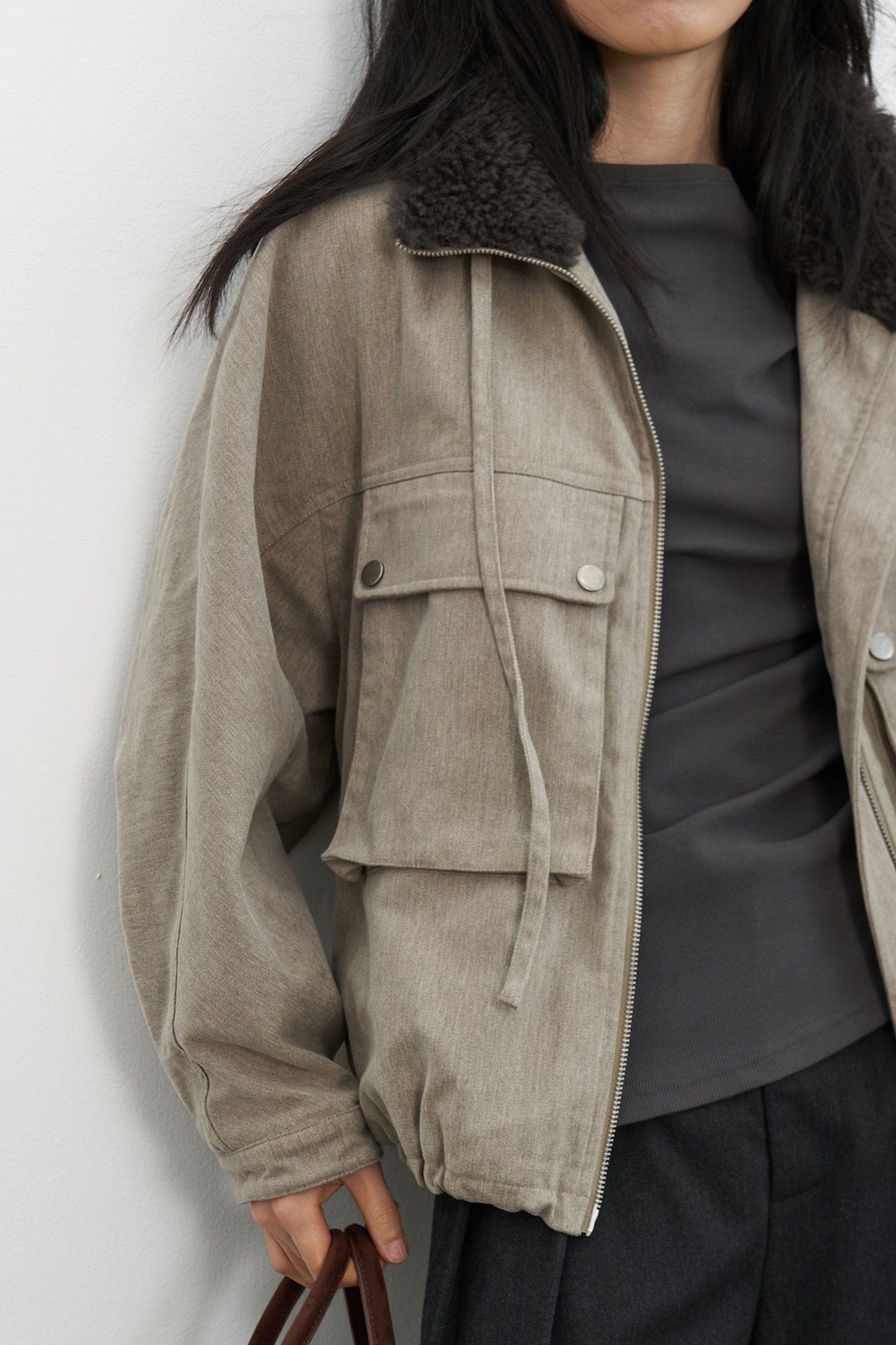 SAME FLOW Utility Contrast Faux Fur Collar Jacket