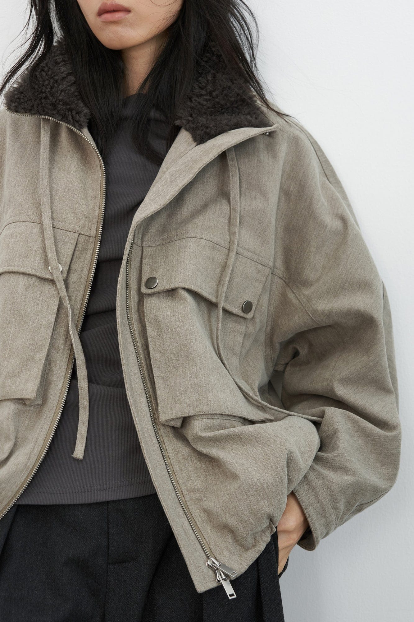 SAME FLOW Utility Contrast Faux Fur Collar Jacket