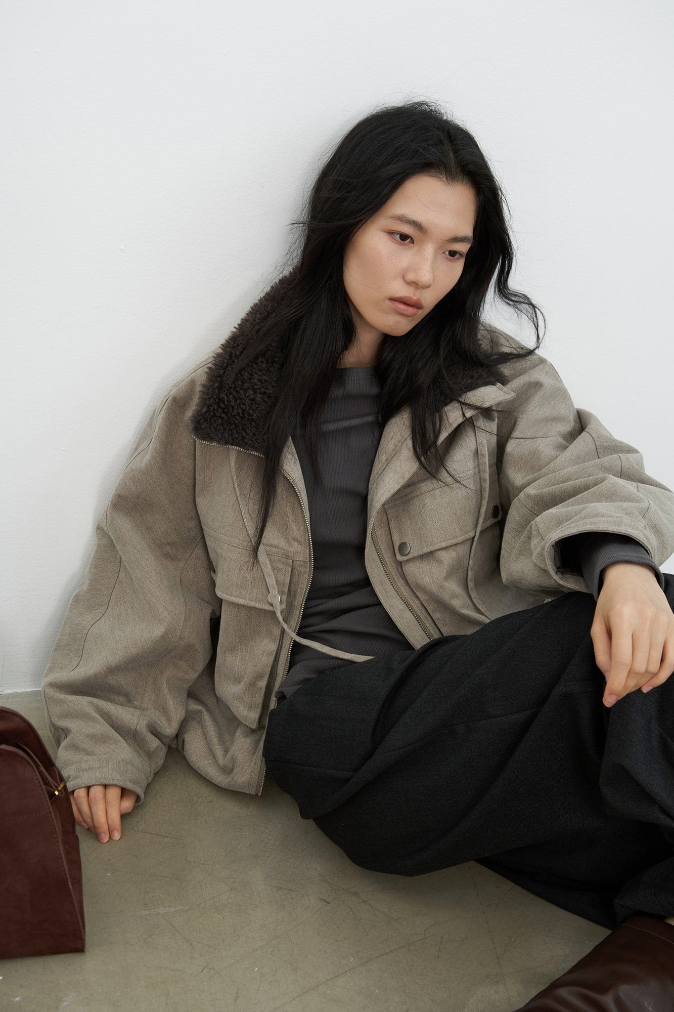 SAME FLOW Utility Contrast Faux Fur Collar Jacket