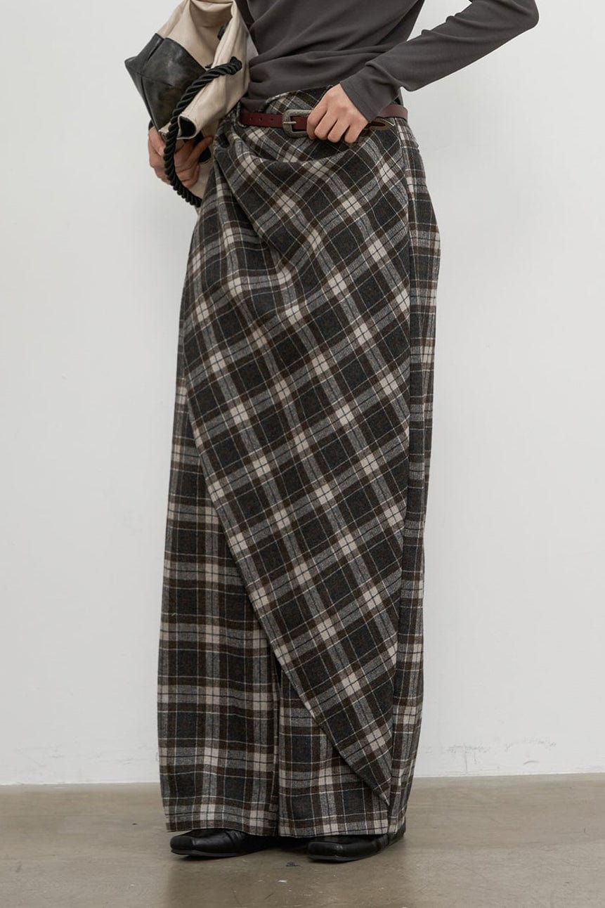SAME FLOW Asym Plaid Wrap-Layered Wide Leg Culottes