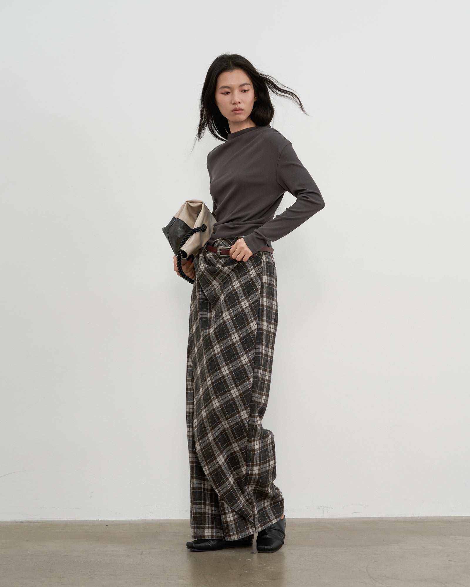 SAME FLOW Asym Plaid Wrap-Layered Wide Leg Culottes