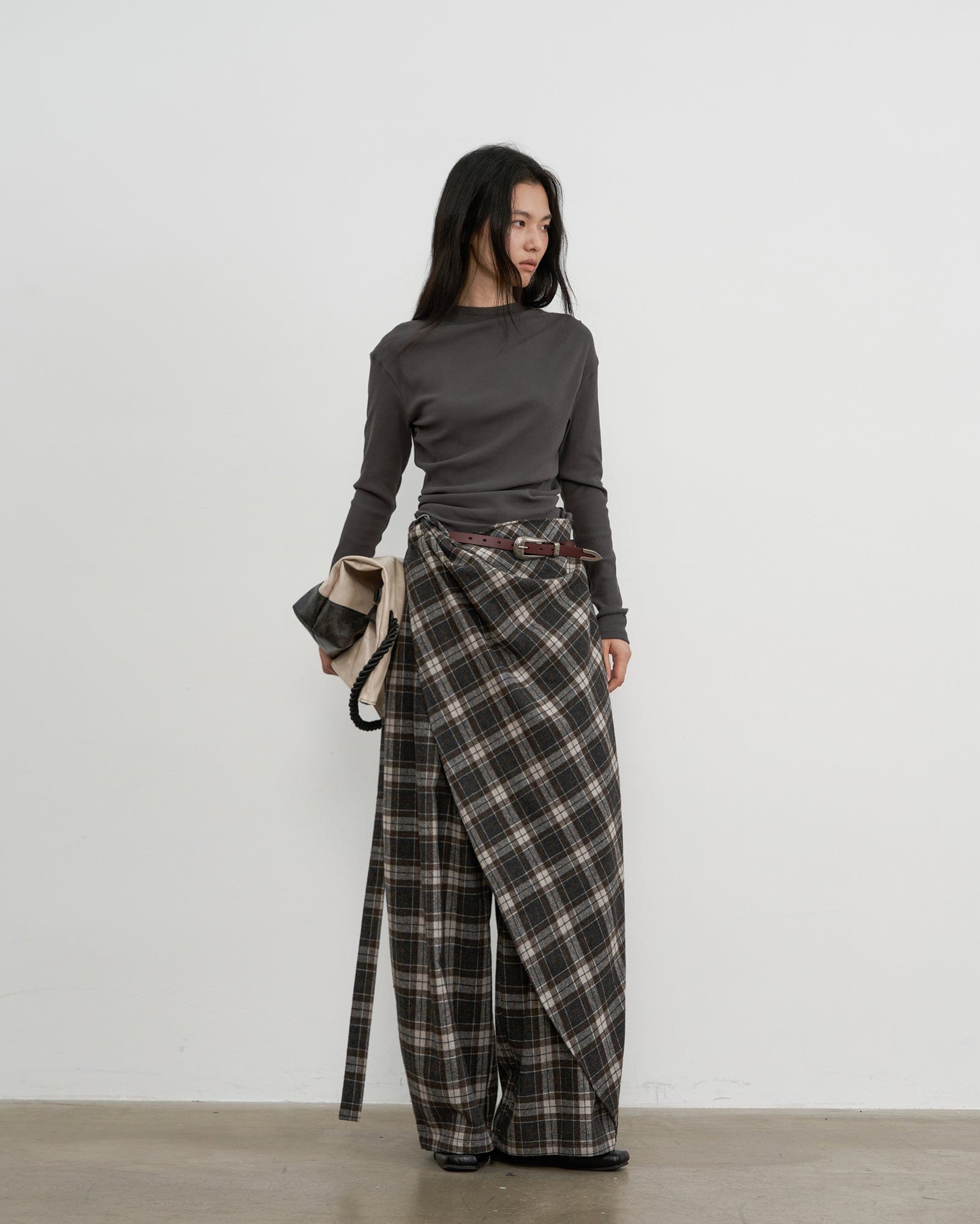 SAME FLOW Asym Plaid Wrap-Layered Wide Leg Culottes