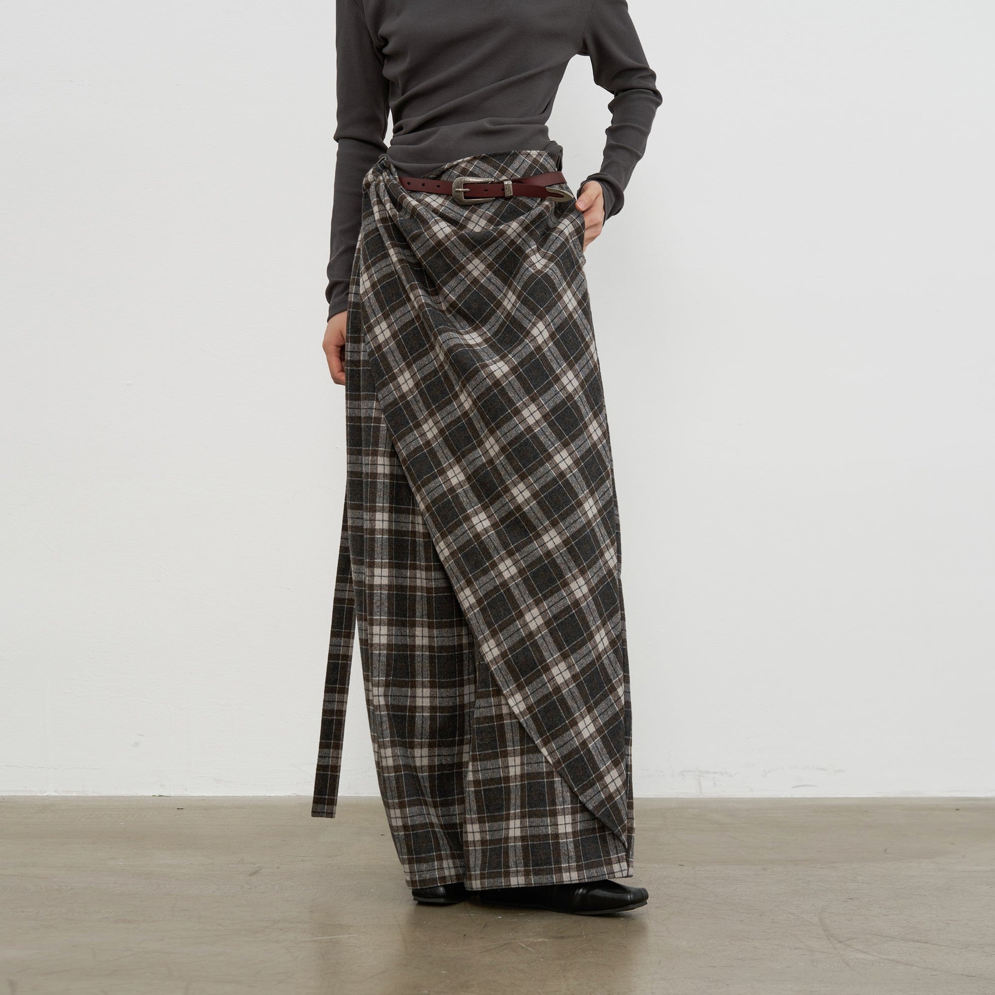 SAME FLOW Asym Plaid Wrap-Layered Wide Leg Culottes