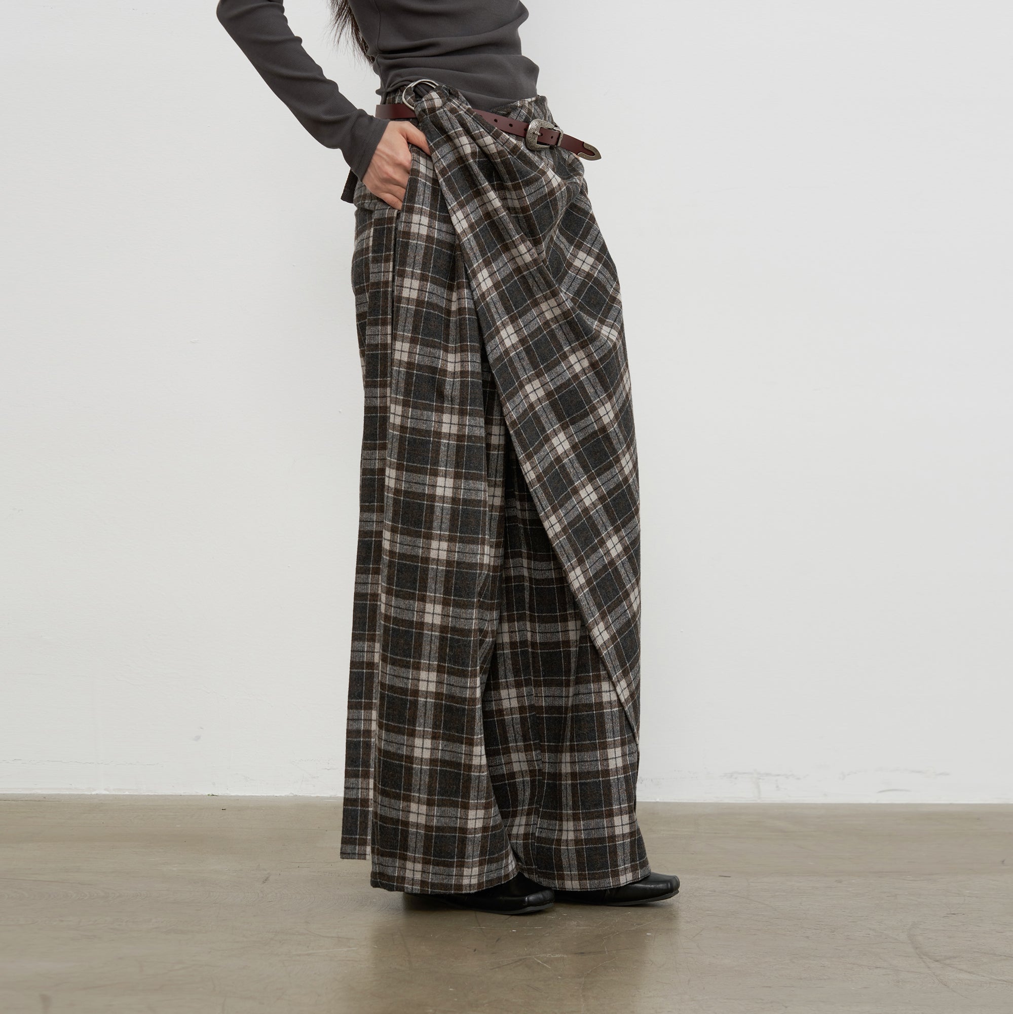SAME FLOW Asym Plaid Wrap-Layered Wide Leg Culottes
