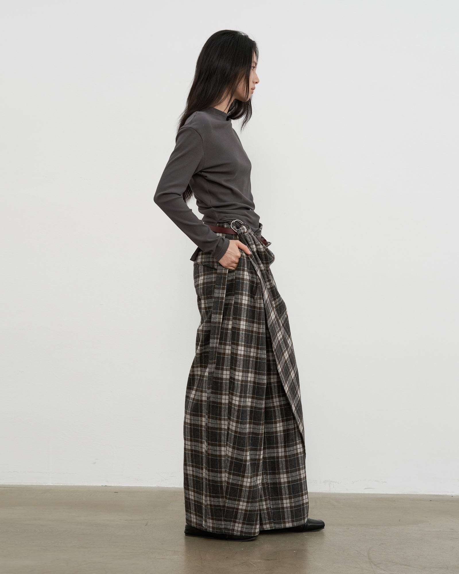 SAME FLOW Asym Plaid Wrap-Layered Wide Leg Culottes