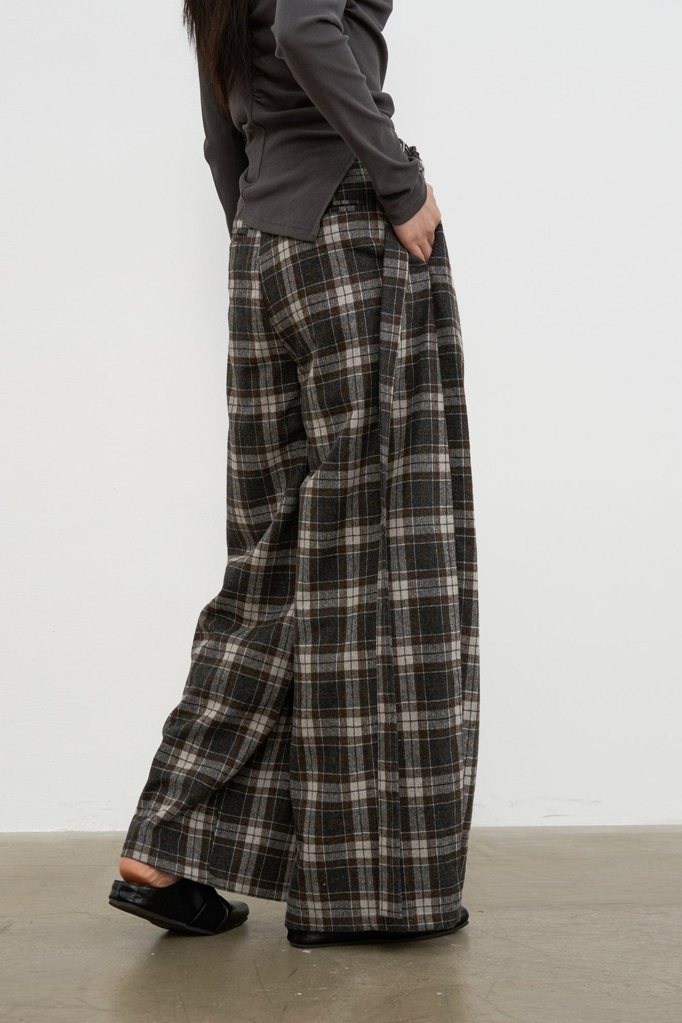 SAME FLOW Asym Plaid Wrap-Layered Wide Leg Culottes