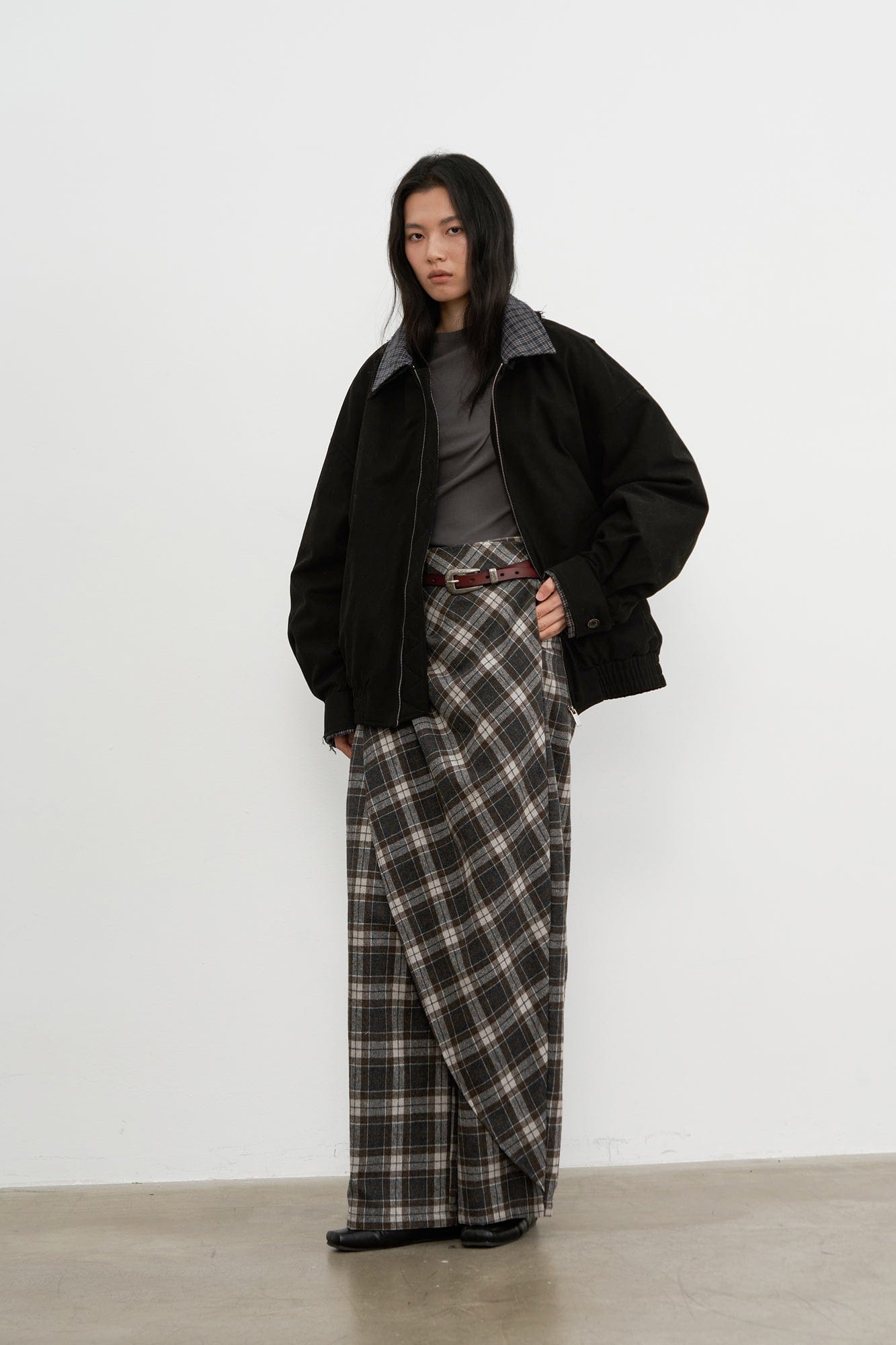 SAME FLOW Frayed Edge Plaid Collar Utility Down Jacket