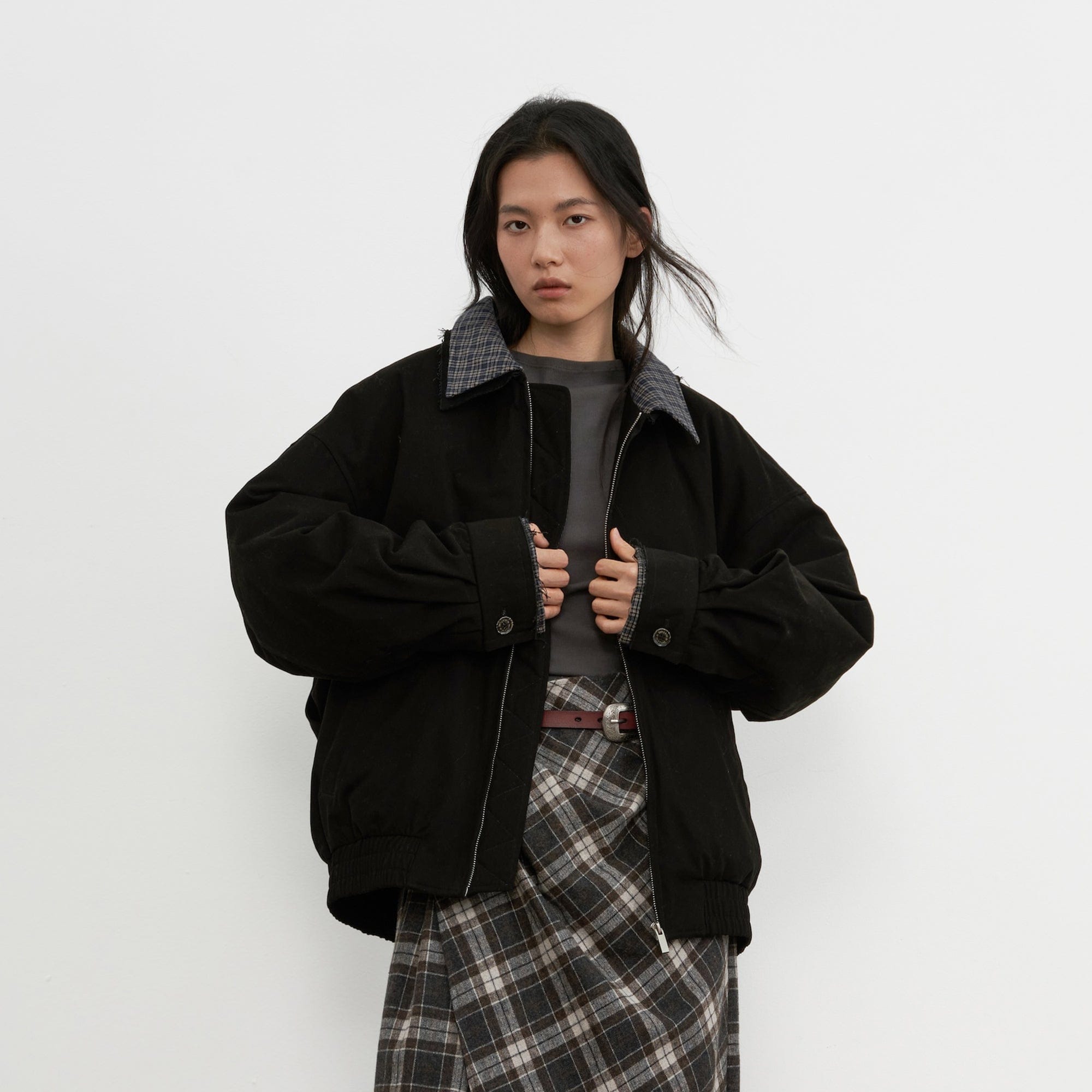 SAME FLOW Frayed Edge Plaid Collar Utility Down Jacket