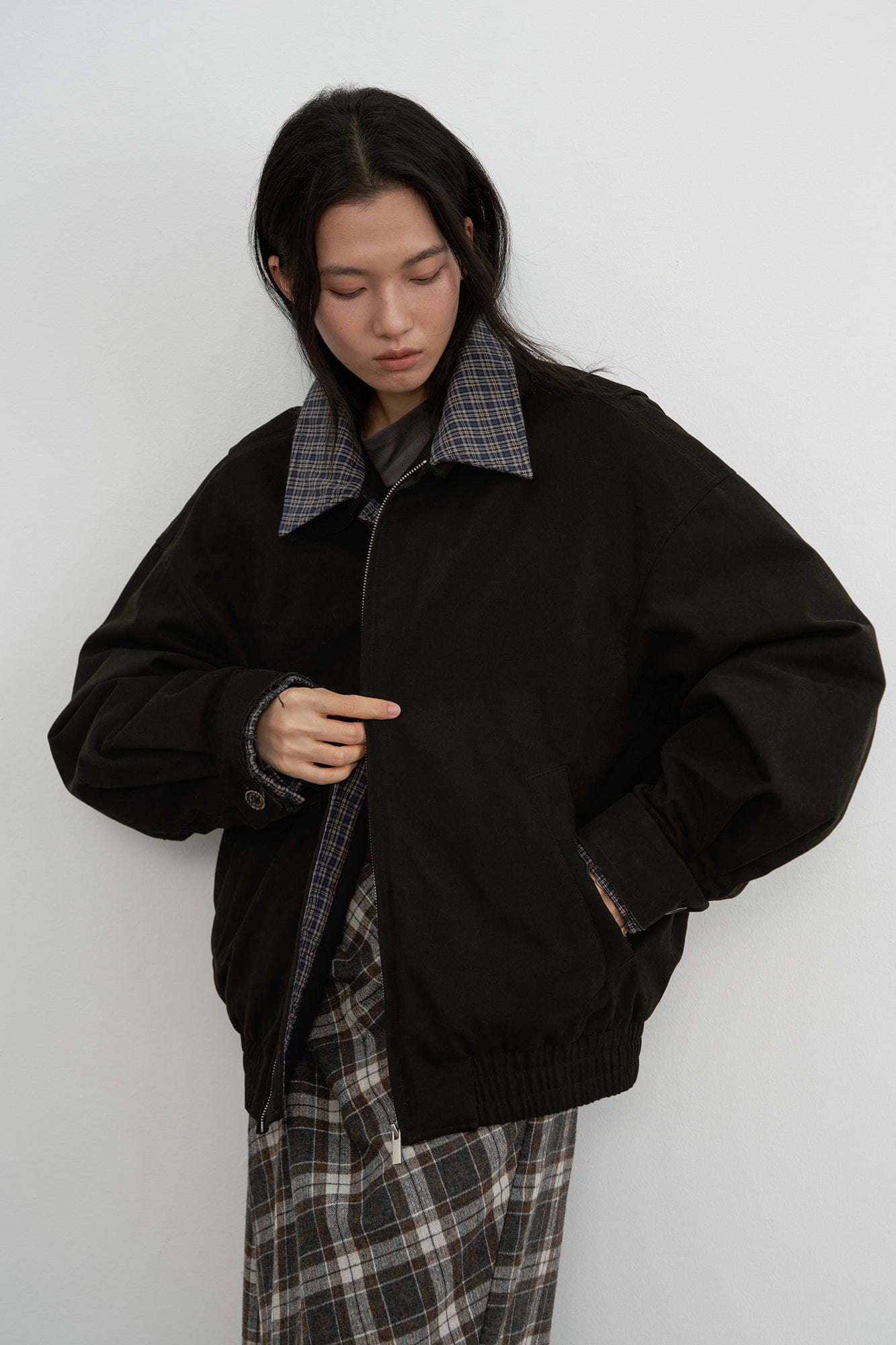 SAME FLOW Frayed Edge Plaid Collar Utility Down Jacket