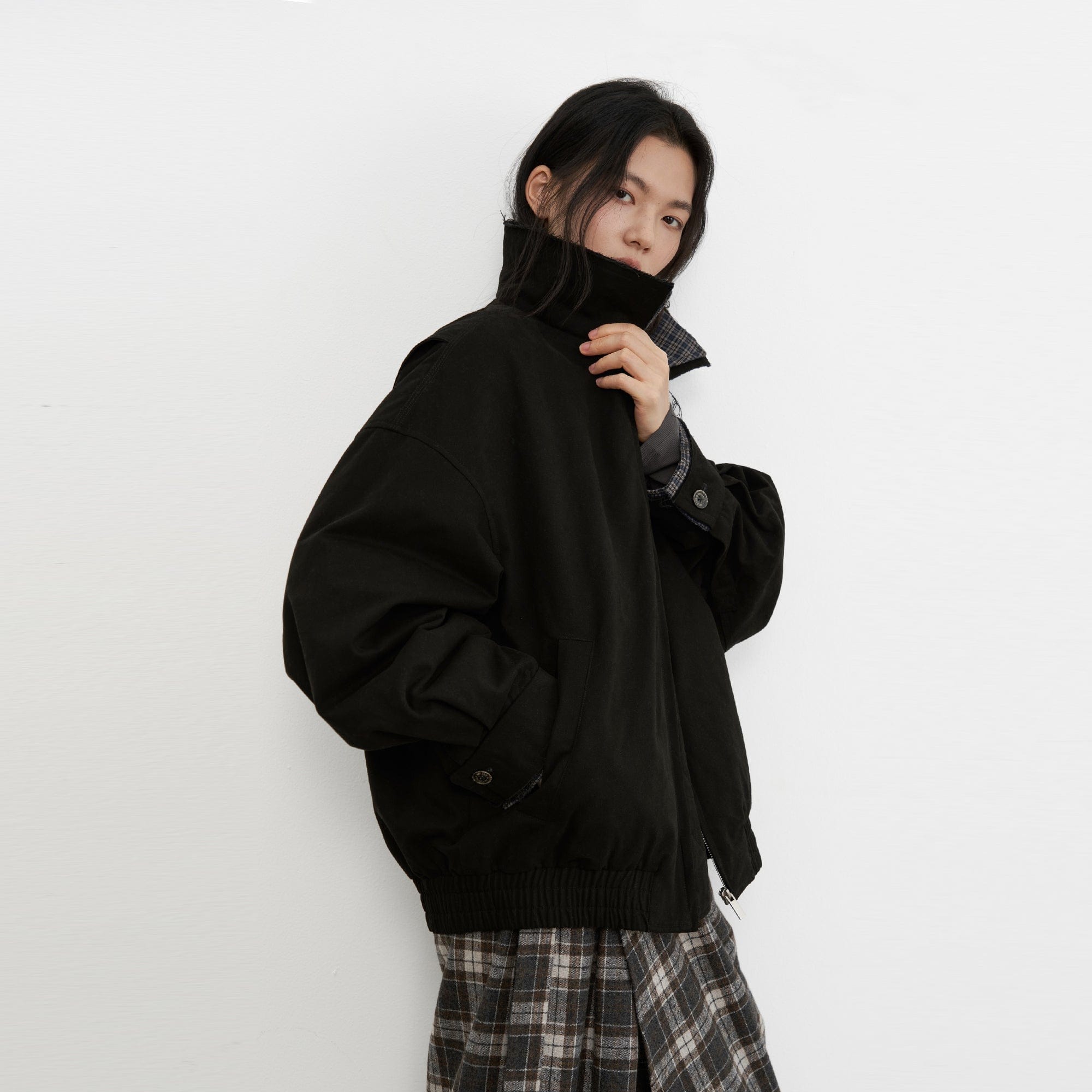 SAME FLOW Frayed Edge Plaid Collar Utility Down Jacket