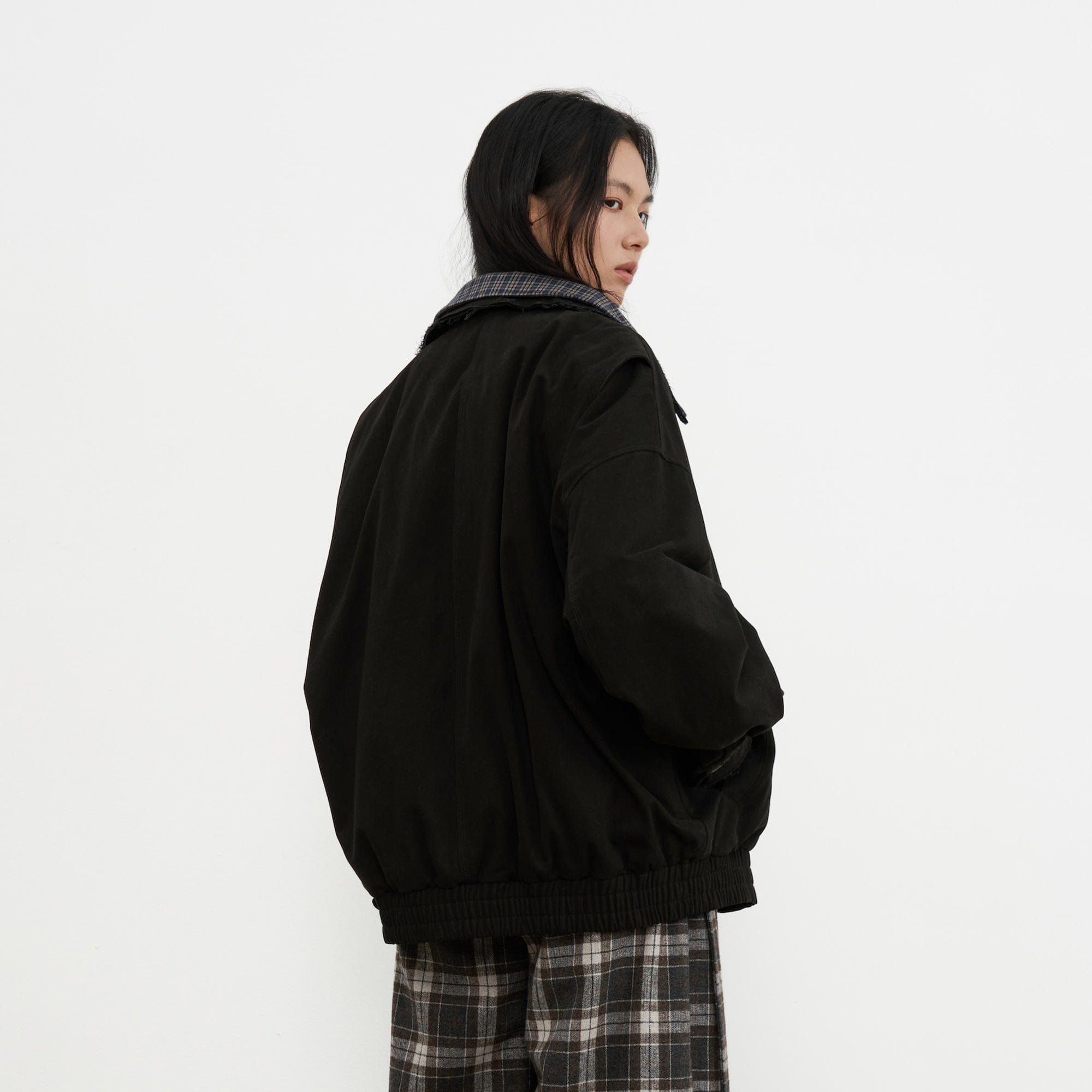 SAME FLOW Frayed Edge Plaid Collar Utility Down Jacket