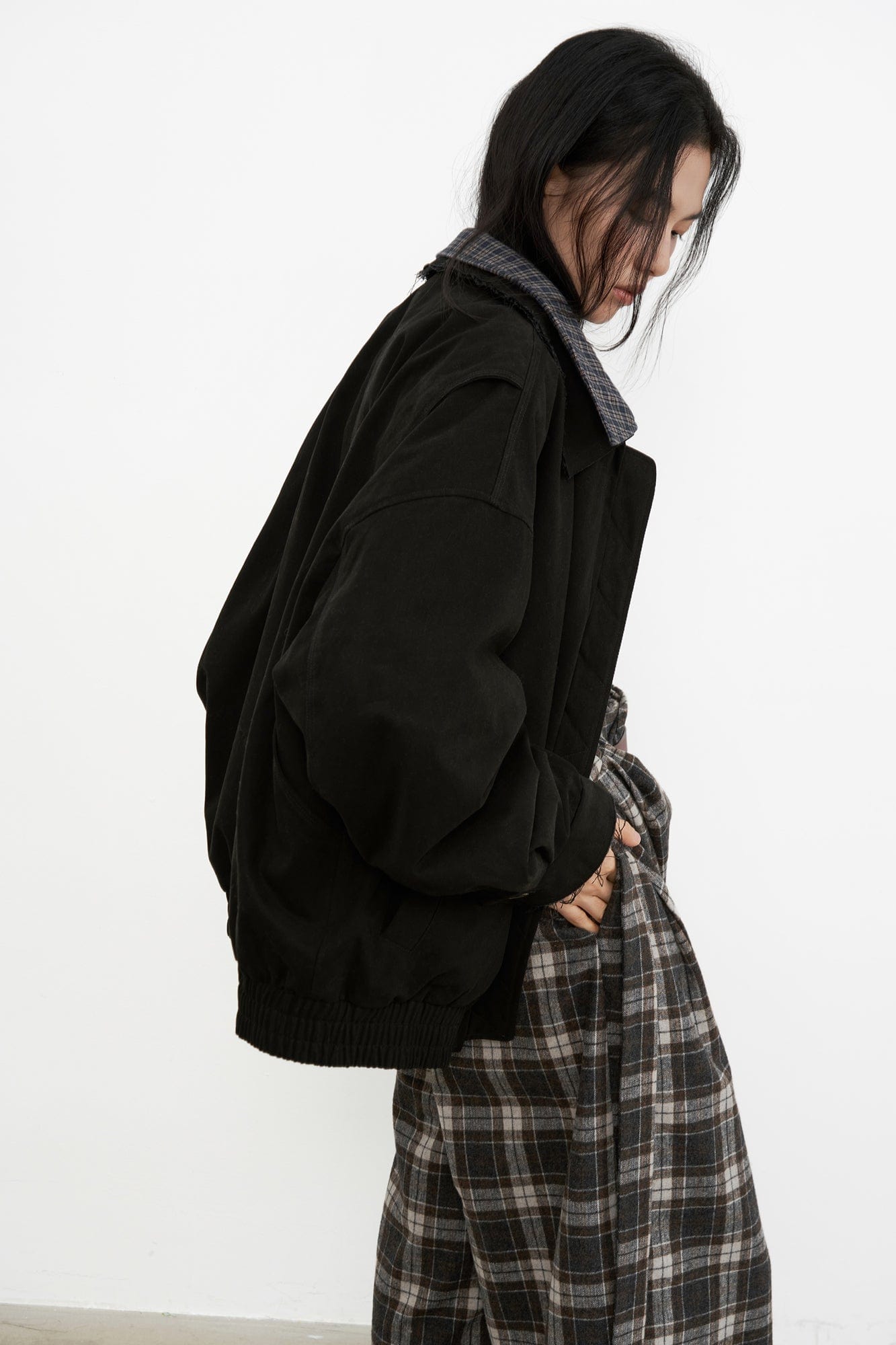 SAME FLOW Frayed Edge Plaid Collar Utility Down Jacket