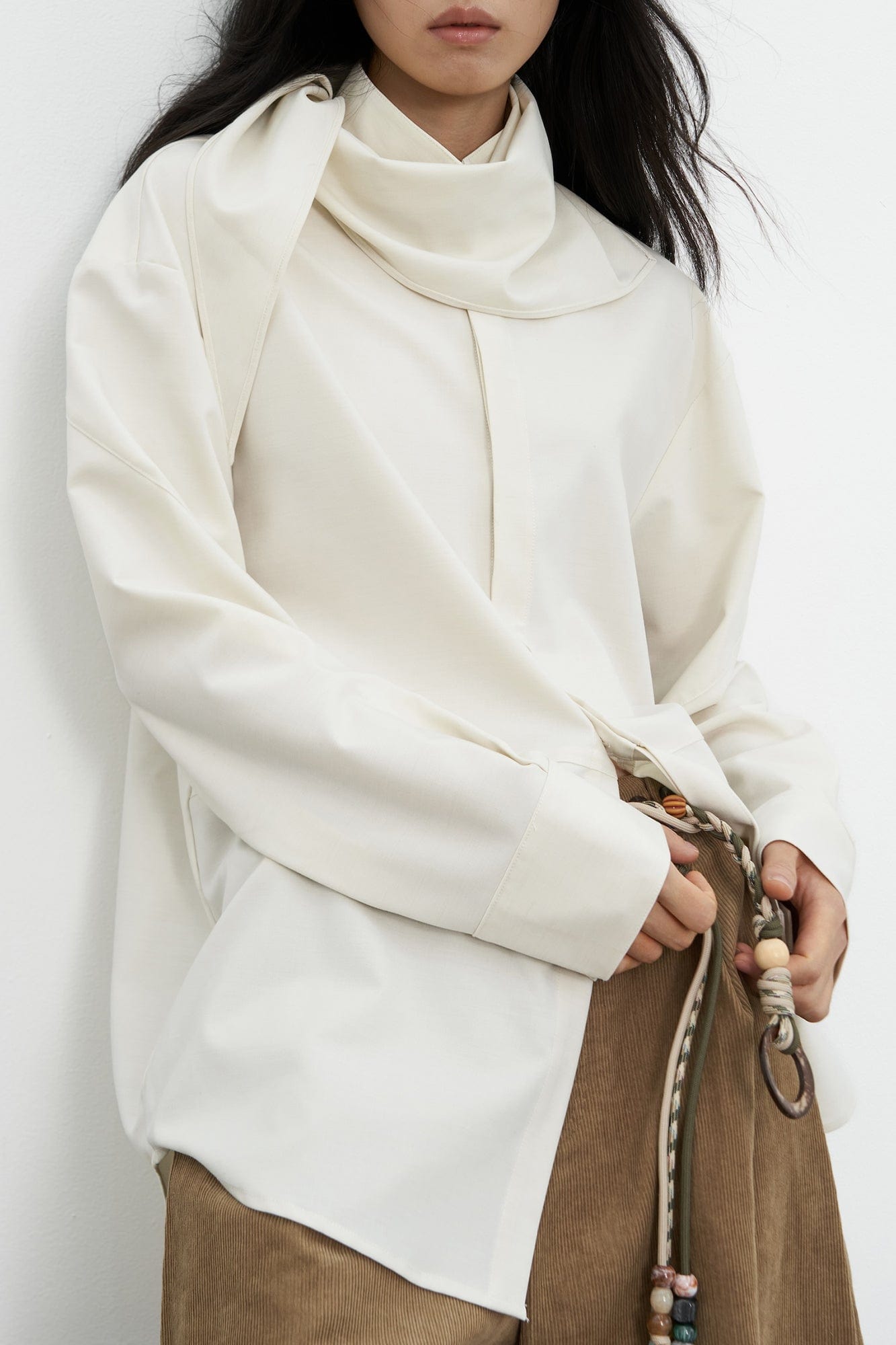 SAME FLOW Back Split Scarf-Neck Asymmetric Shirt