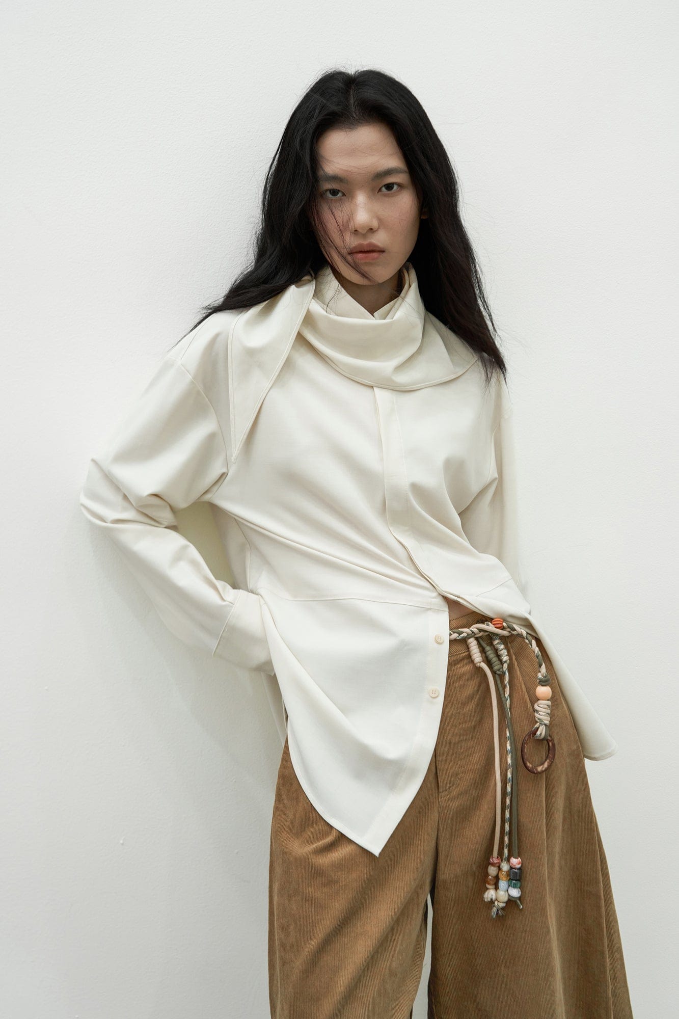 SAME FLOW Back Split Scarf-Neck Asymmetric Shirt