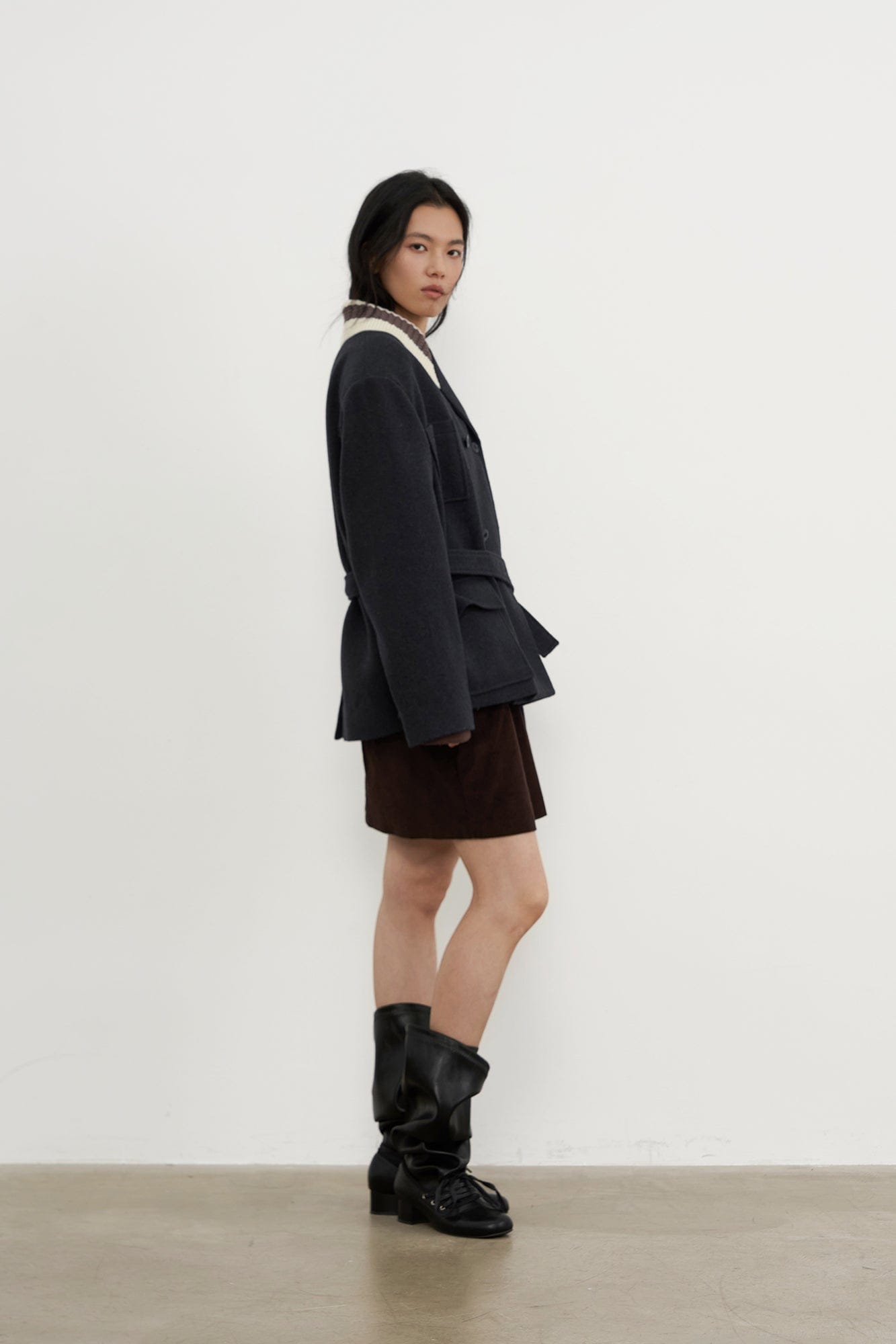 SAME FLOW Contrast Knit Collar Belt Wool-Blend Jacket