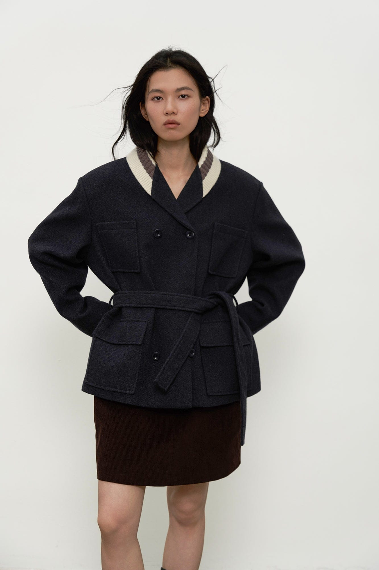 SAME FLOW Contrast Knit Collar Belt Wool-Blend Jacket