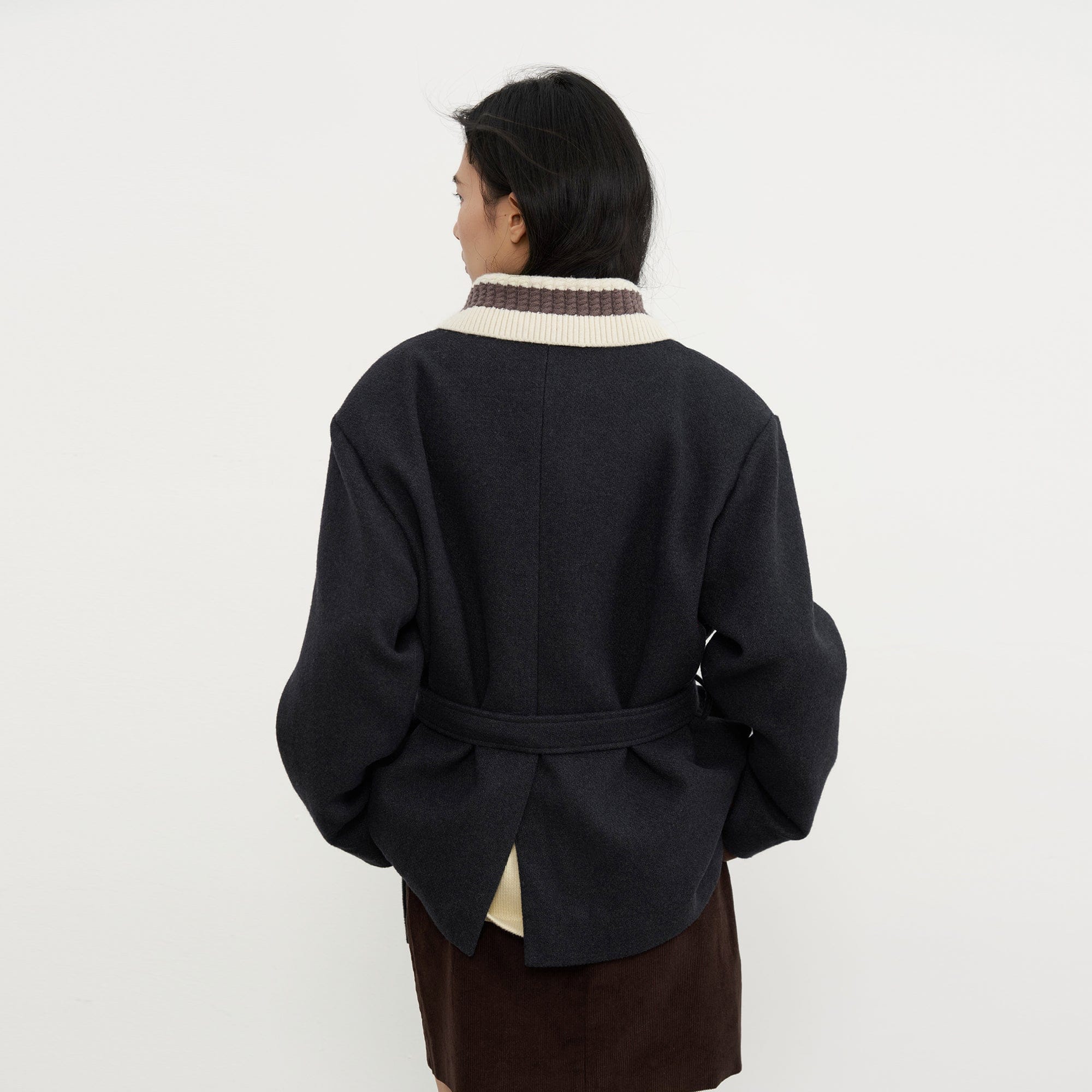 SAME FLOW Contrast Knit Collar Belt Wool-Blend Jacket