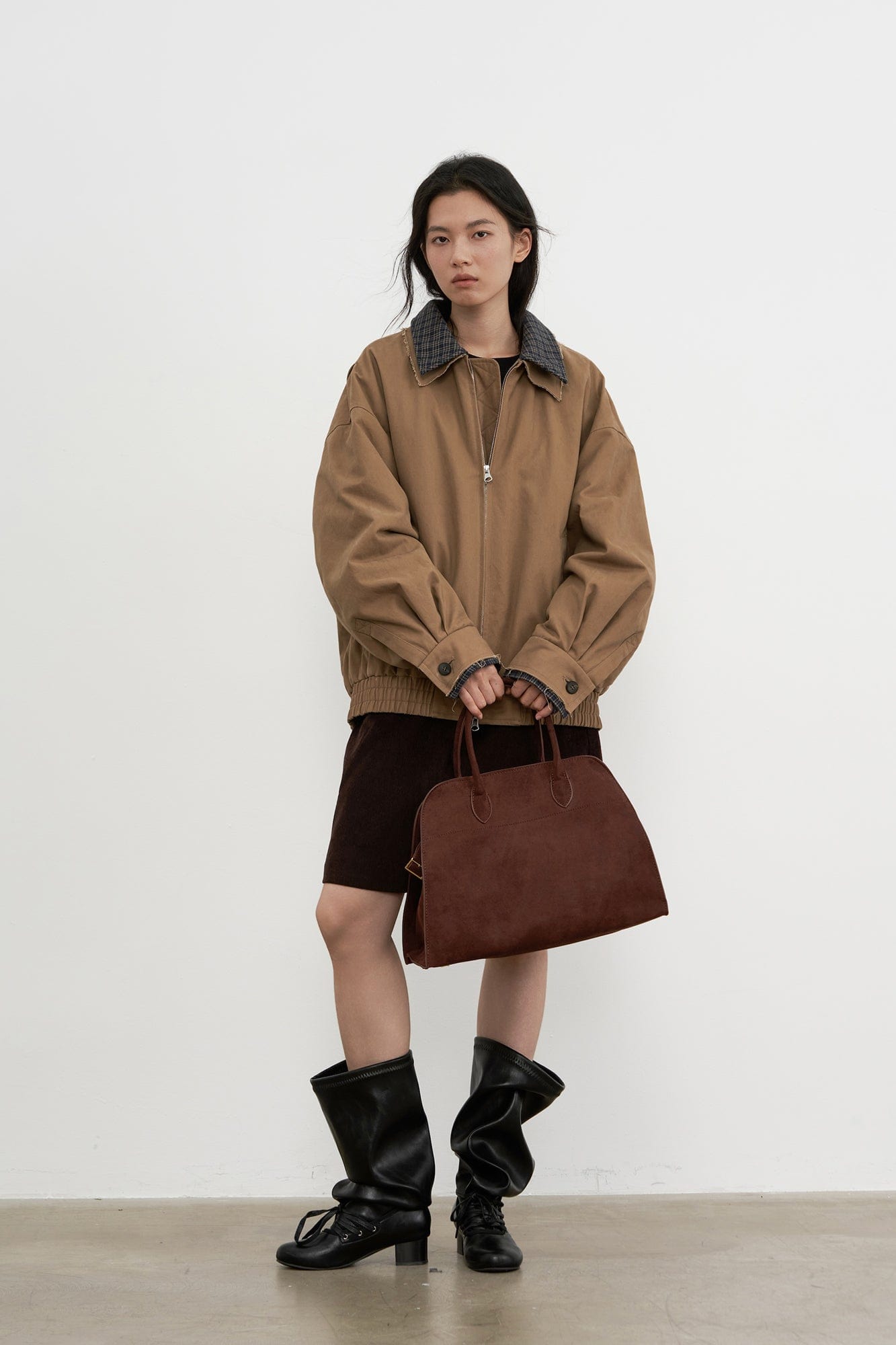 SAME FLOW Frayed Edge Plaid Collar Utility Down Jacket