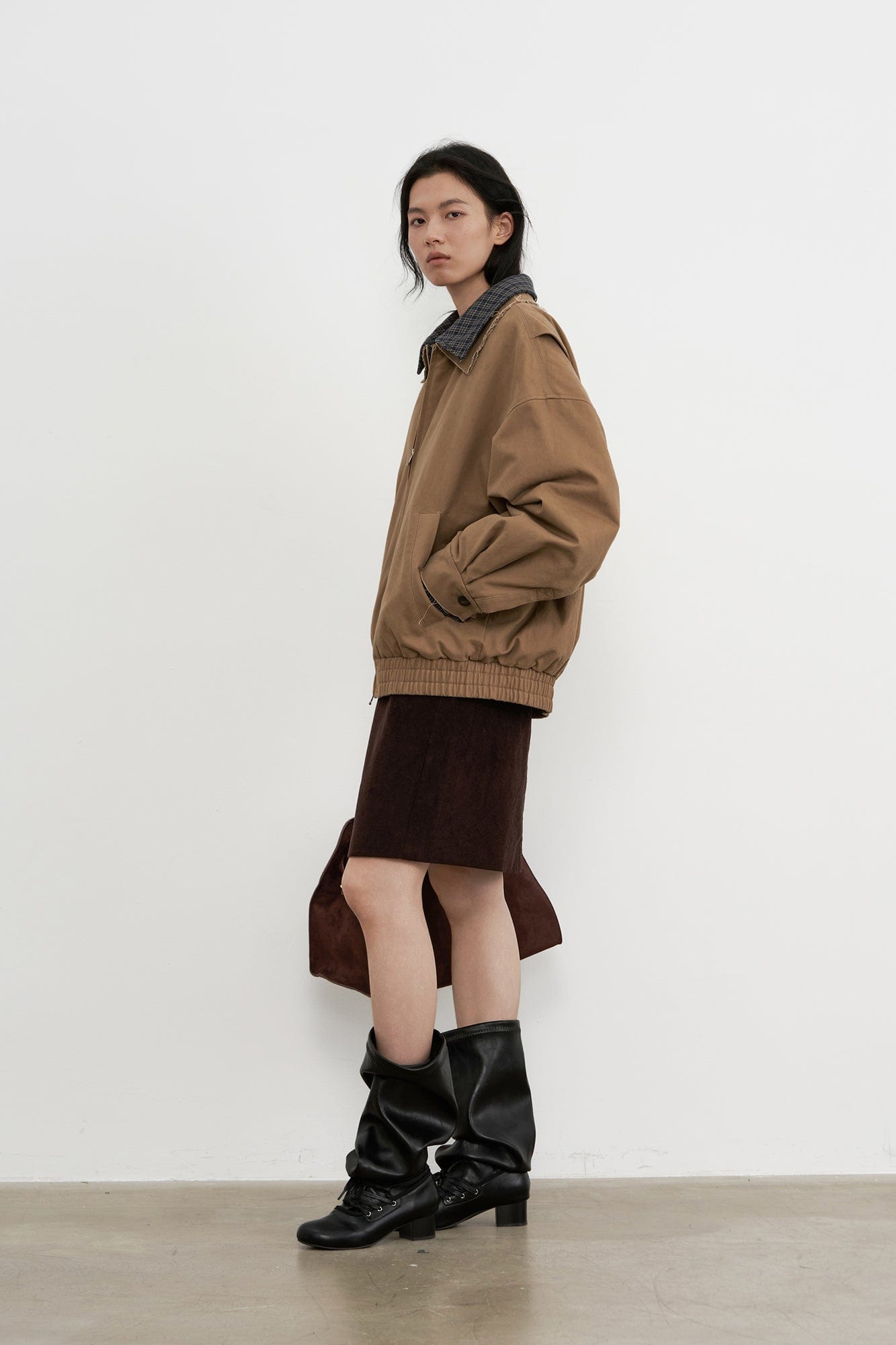 SAME FLOW Frayed Edge Plaid Collar Utility Down Jacket