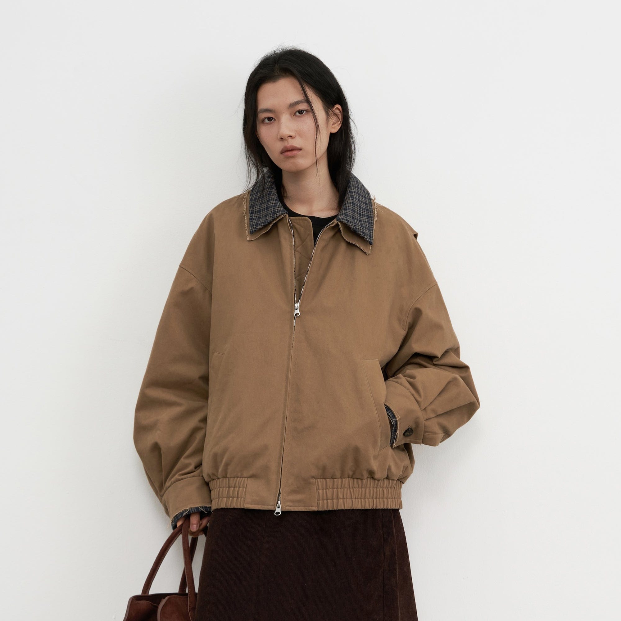 SAME FLOW Frayed Edge Plaid Collar Utility Down Jacket