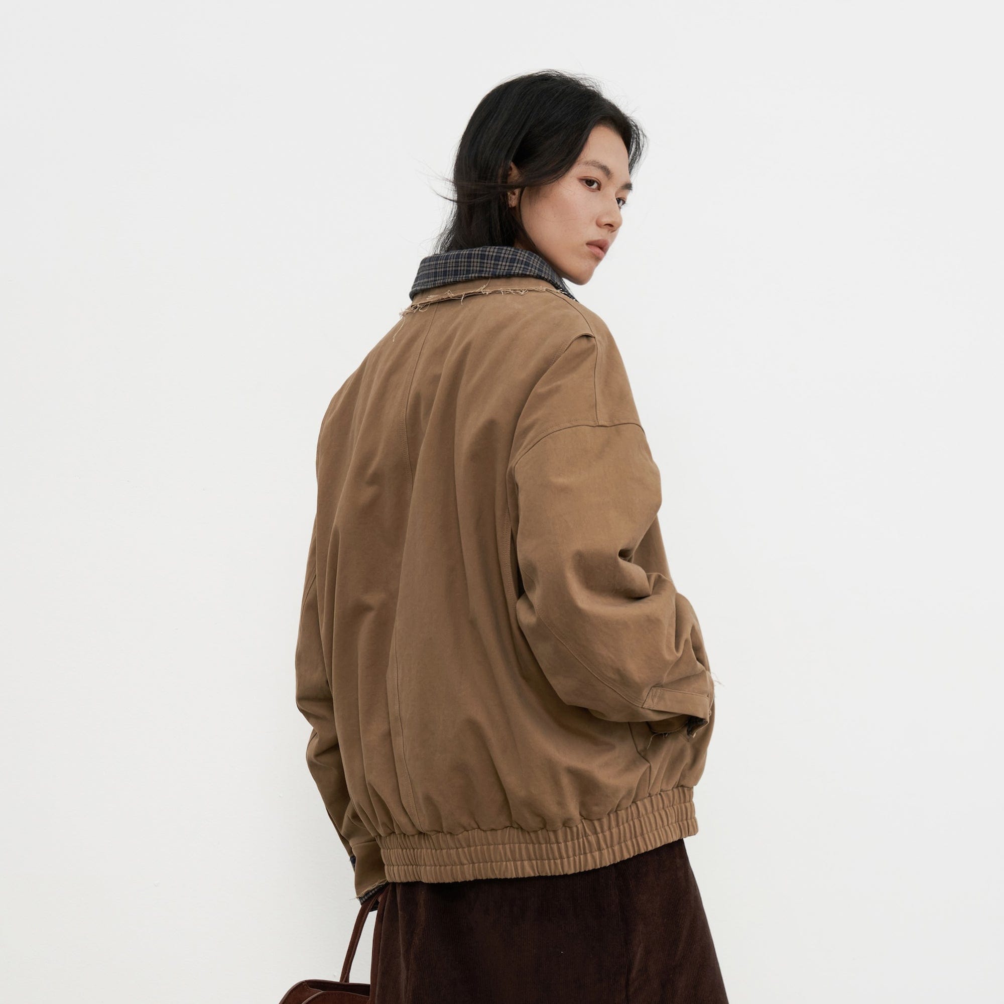 SAME FLOW Frayed Edge Plaid Collar Utility Down Jacket