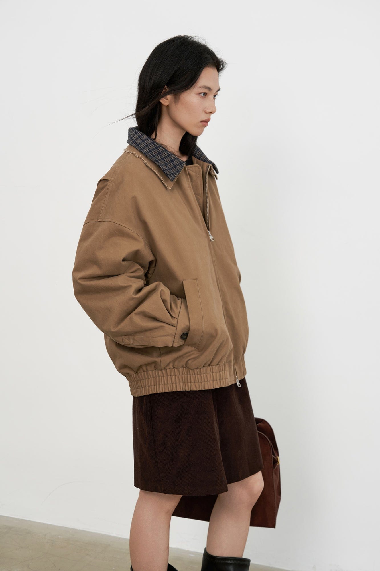 SAME FLOW Frayed Edge Plaid Collar Utility Down Jacket